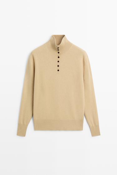 High neck knit sweater with button detail — CAMEL 2