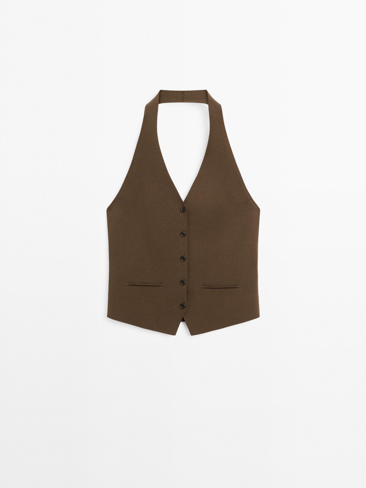 Massimo Dutti - Dame - Strikket Vest Med Halterneck - Kaki - Xs
