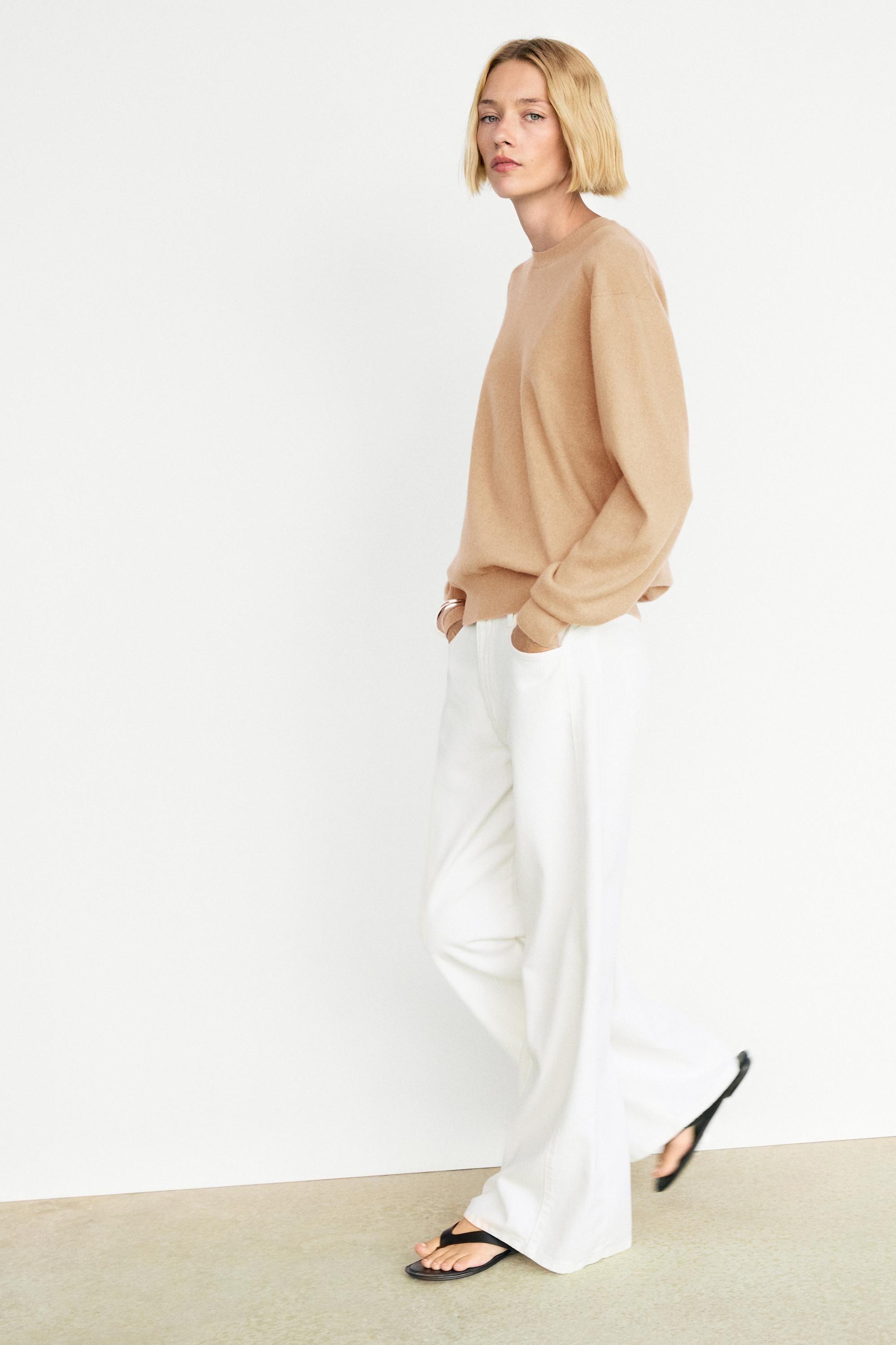 100% cashmere long sleeve sweater — CAMEL