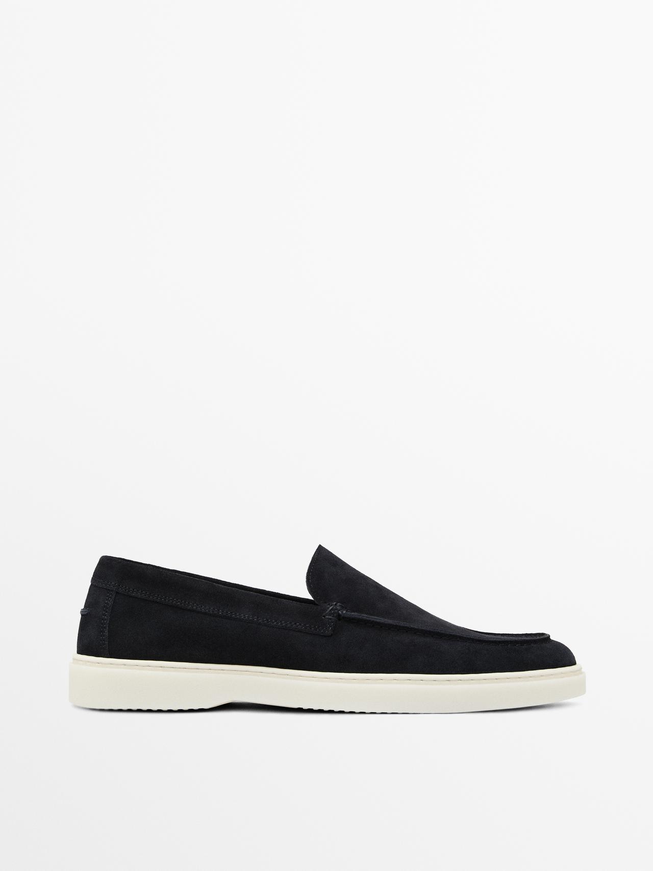 Split leather loafers with moc toe — BLUE