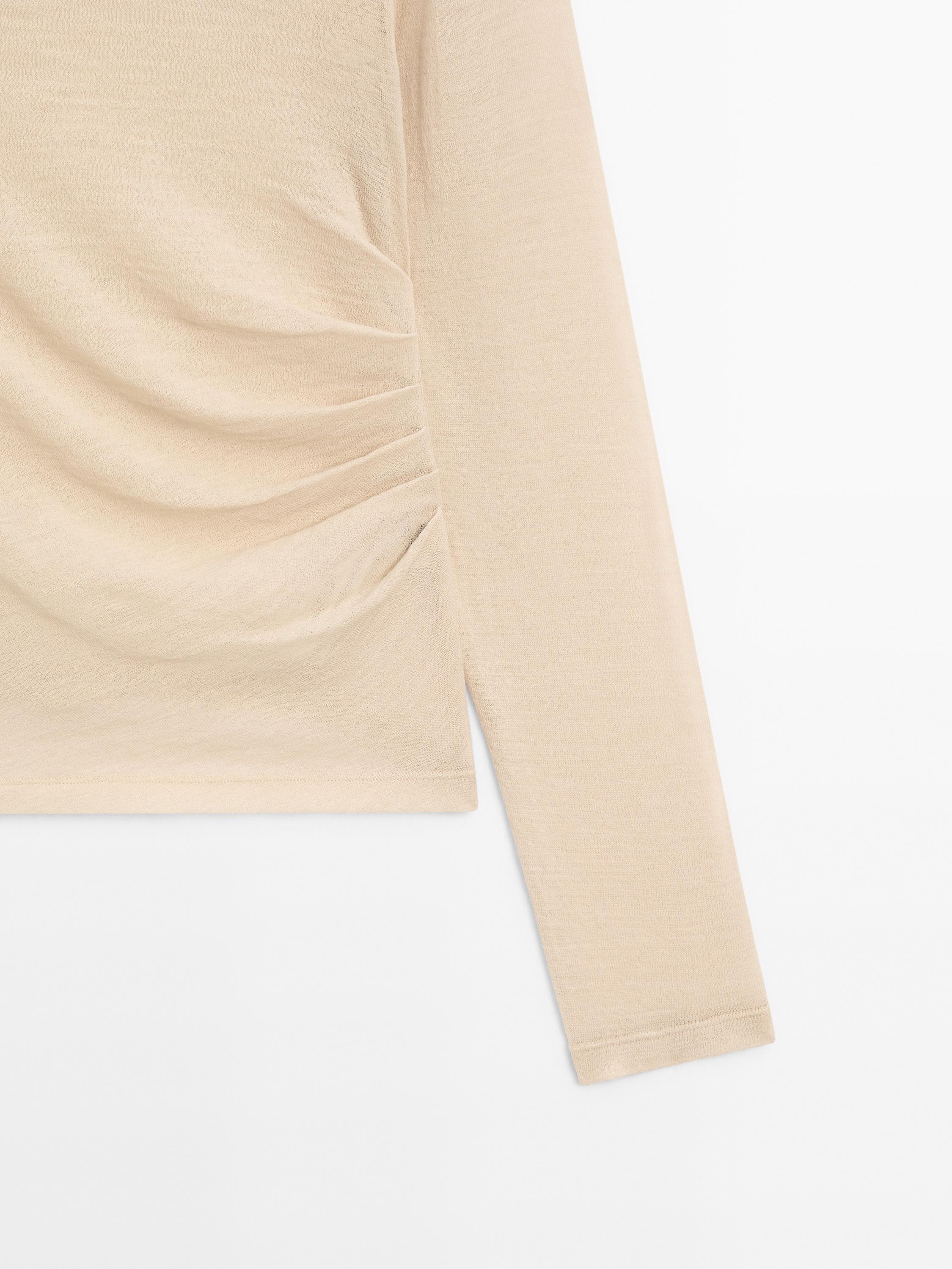 Wool blend knit T-shirt with gathered detail
