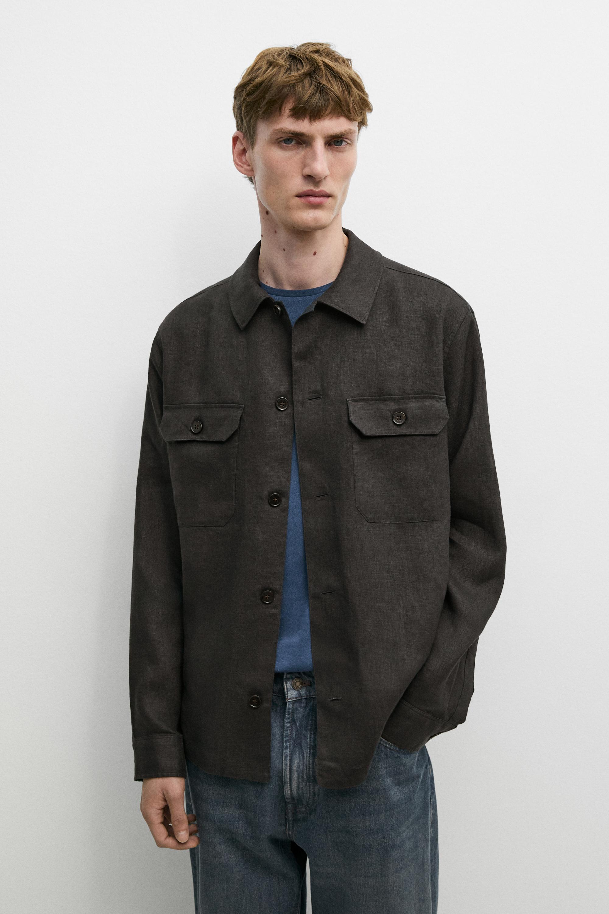 Total look linen overshirt with pockets — PETROL BLUE