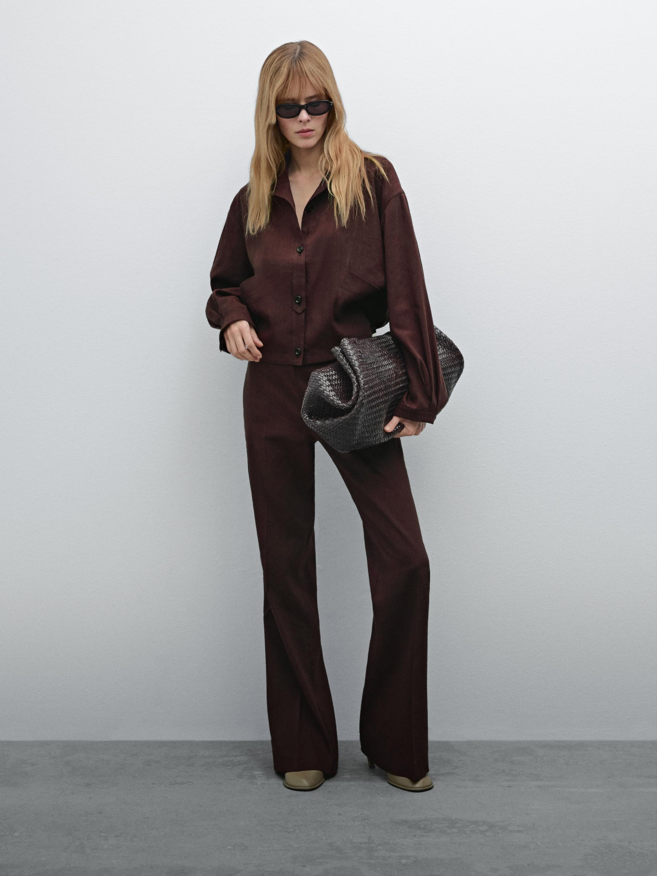 Flowing linen blend flared trousers