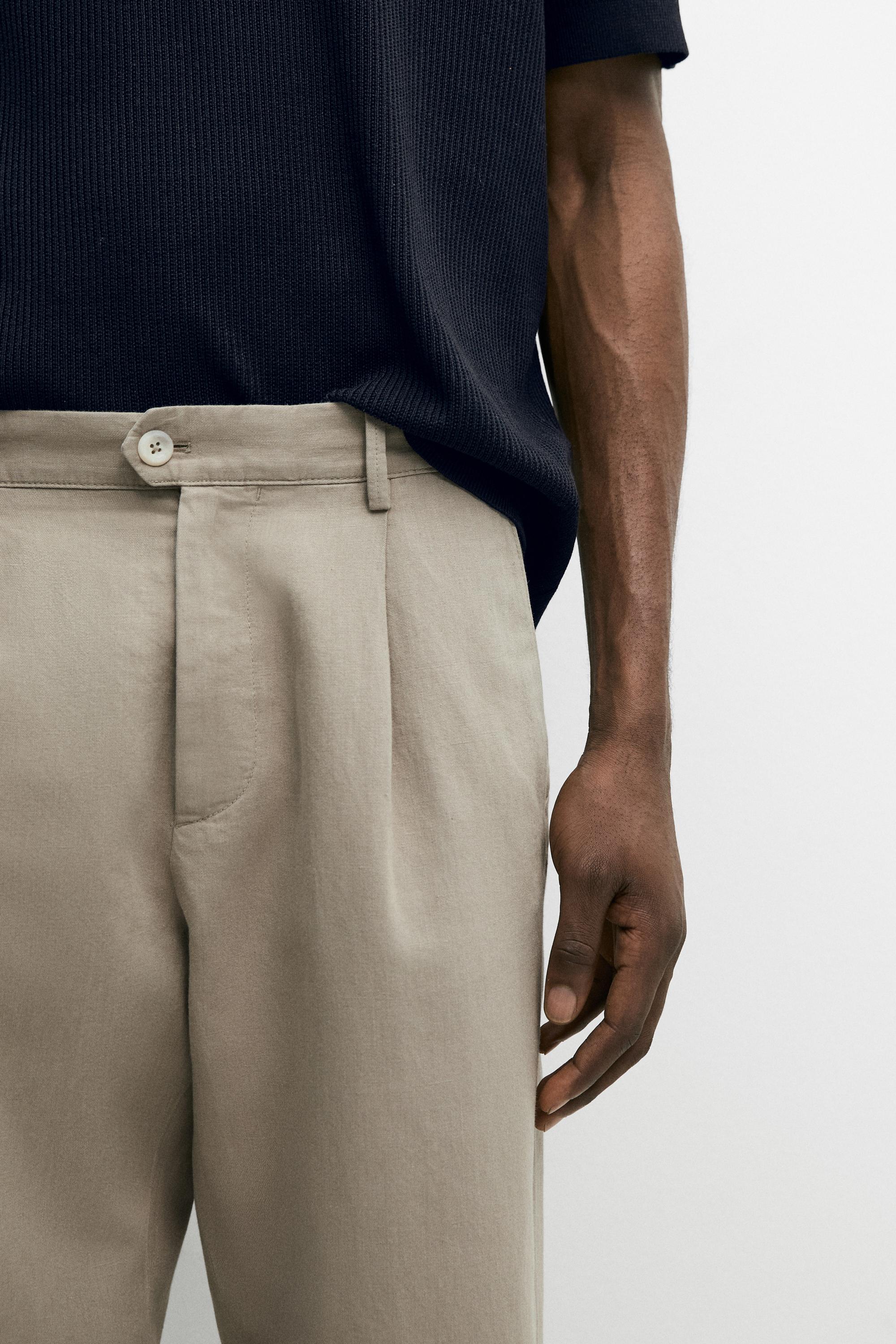 Straight-leg linen and cotton trousers with darts — BEIGE