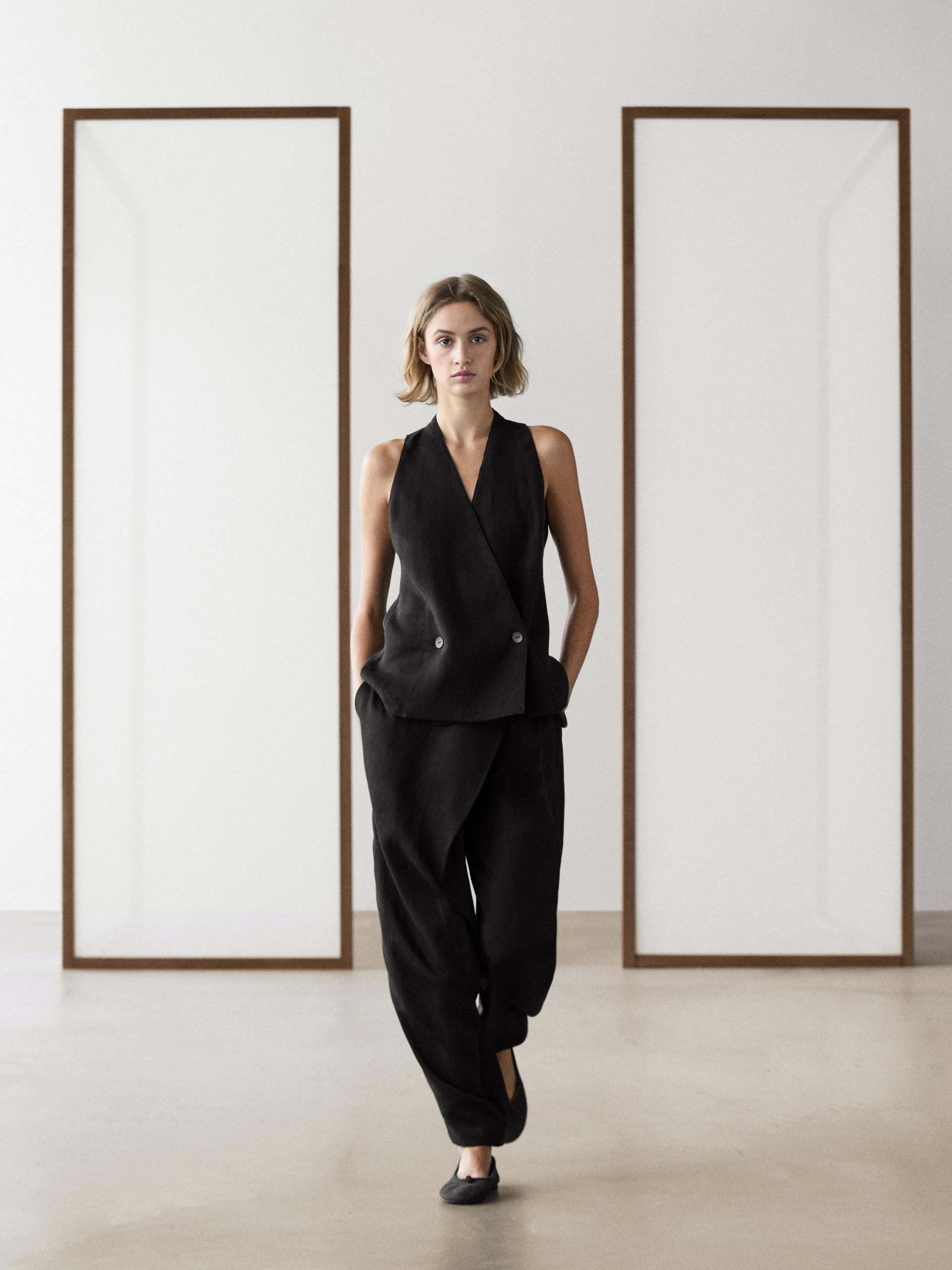 Pantalón Fluido Pareo Lazada - Negro - 36 - Massimo Dutti - Mujer