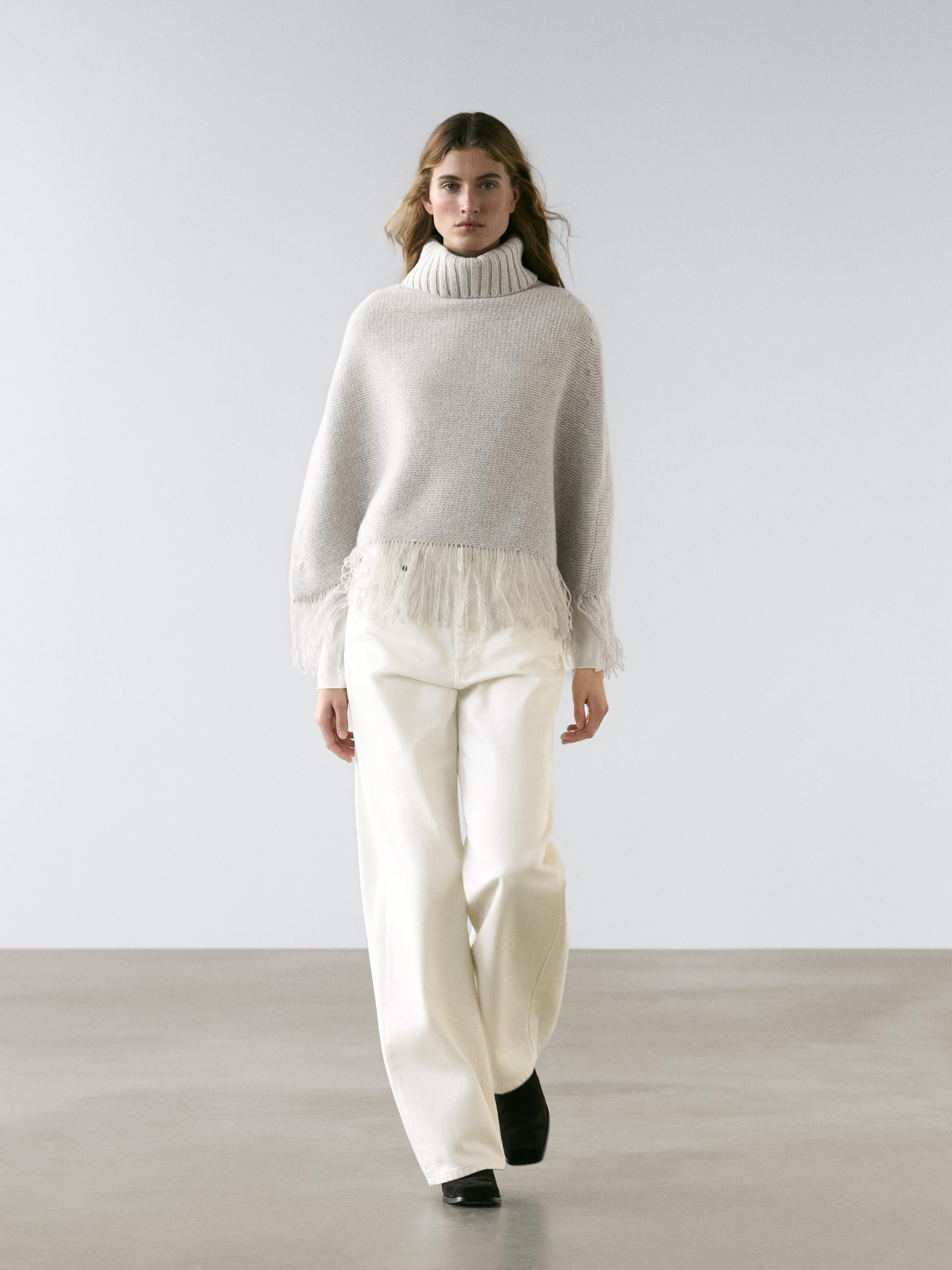 Mantella Con Frange 100% Lana - Grigio Antracite - 01 - Massimo Dutti - Femminile