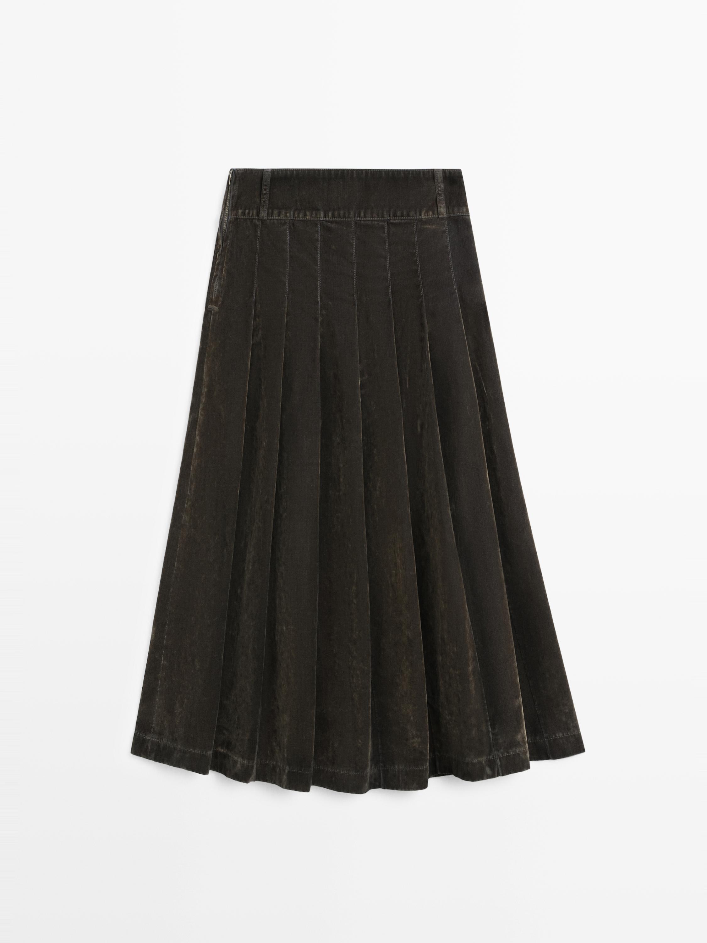 Flocked denim midi skirt with box pleats — KHAKI
