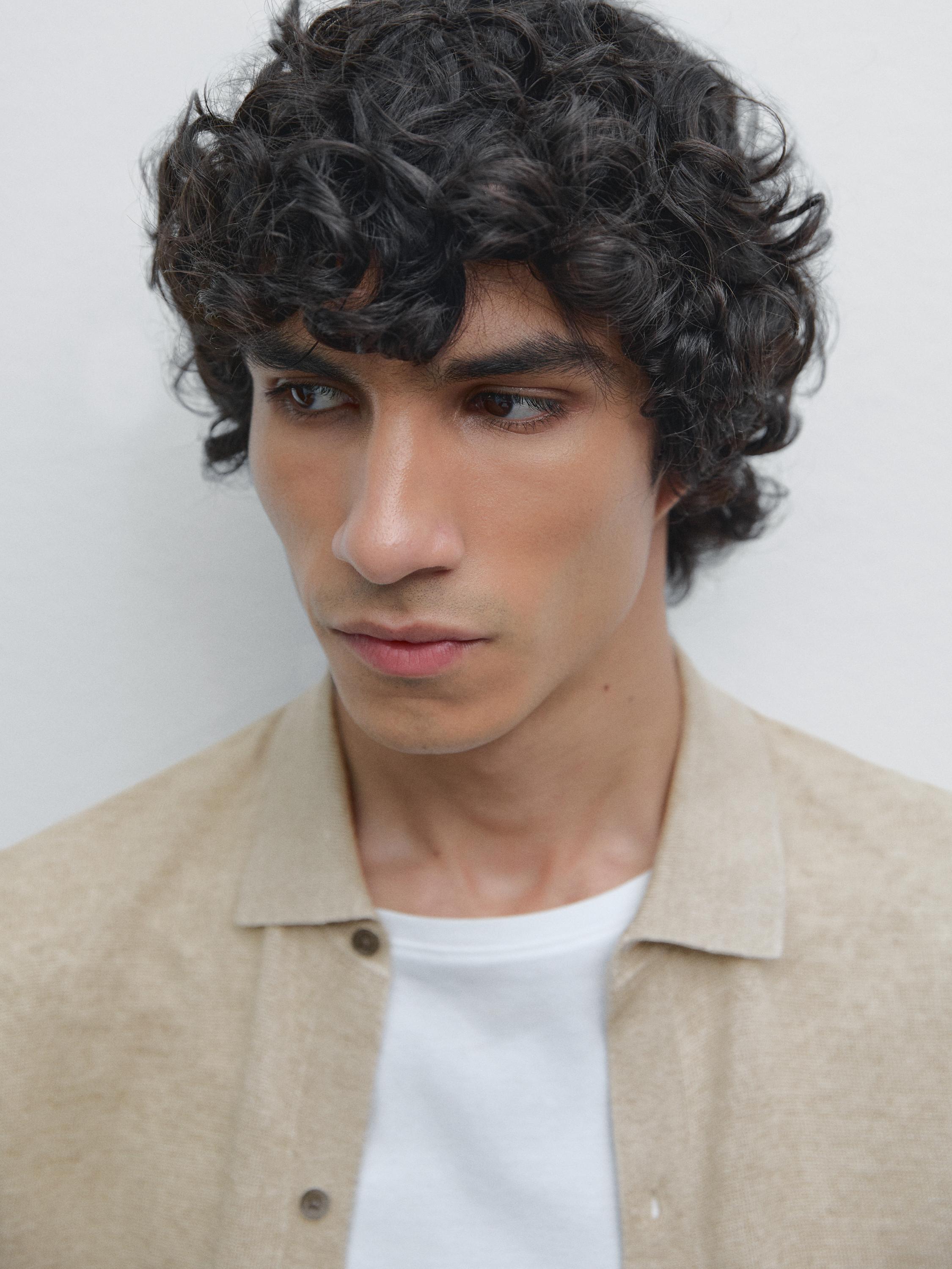 Linen knit cardigan with polo collar