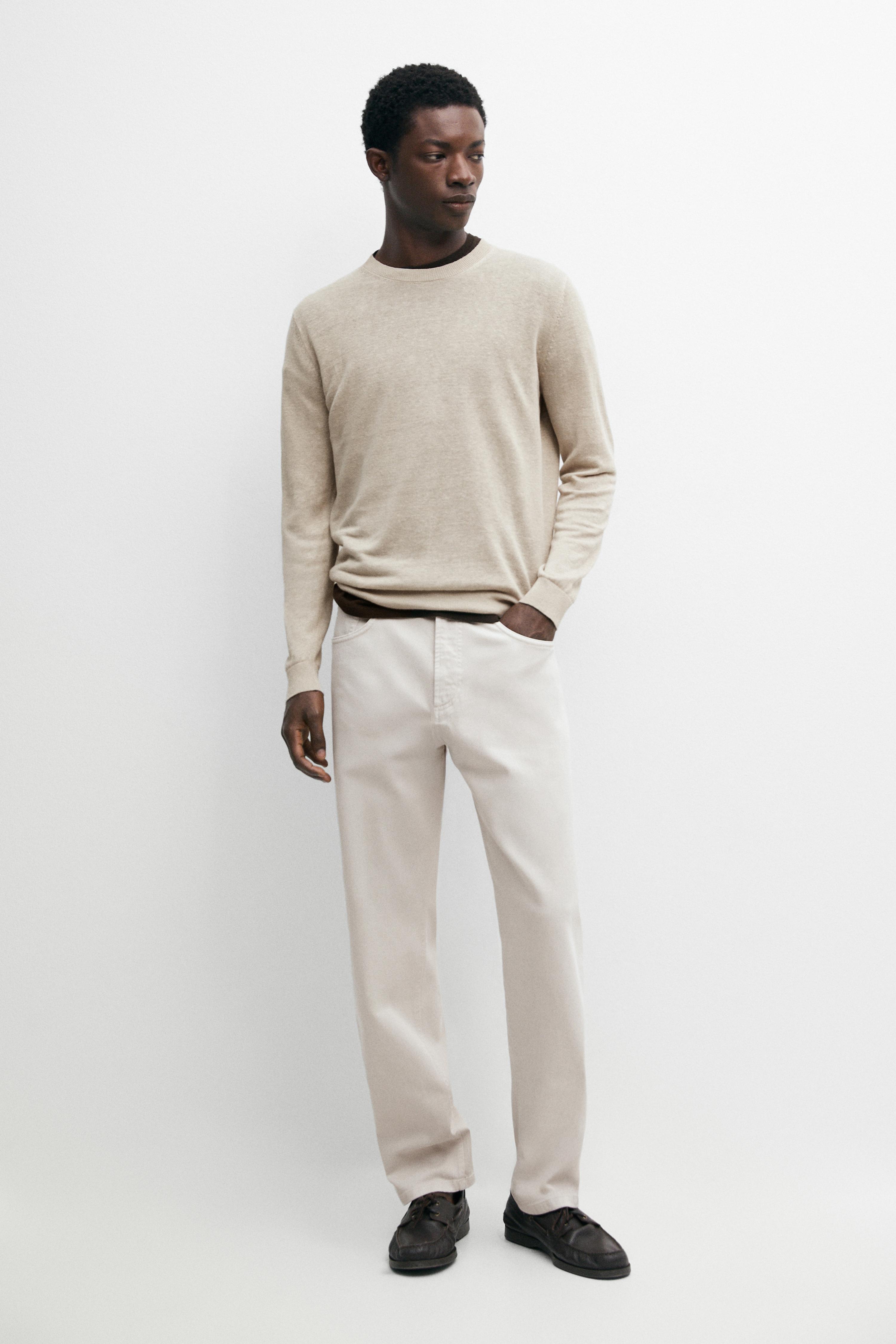 Lightweight tapered fit denim-effect trousers — STONE