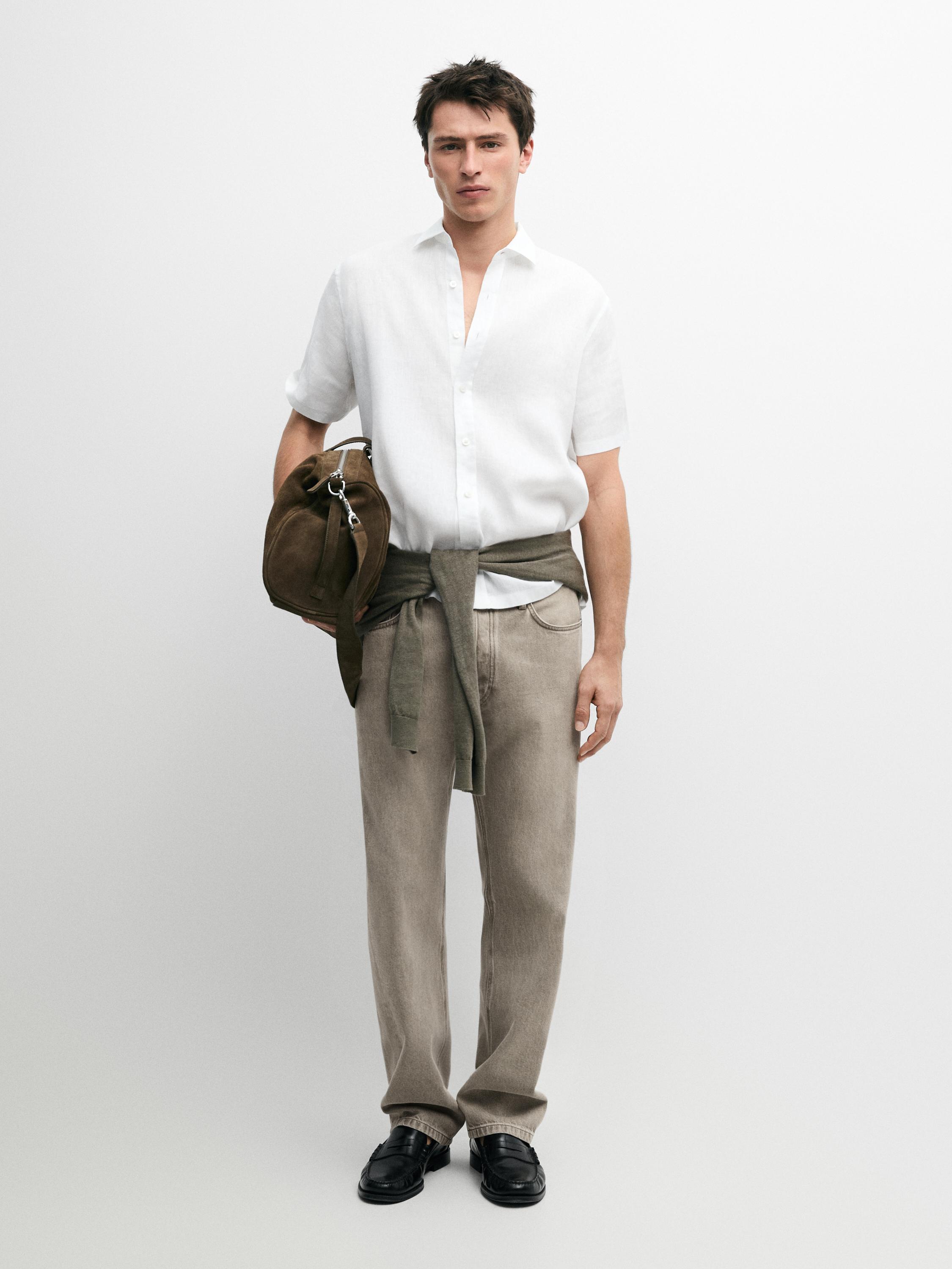 100% linen regular fit short sleeve shirt — WHITE