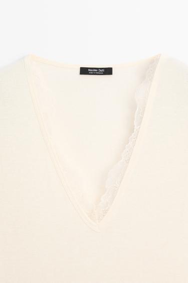 Lace-detail V-neck T-shirt — CREAM 4