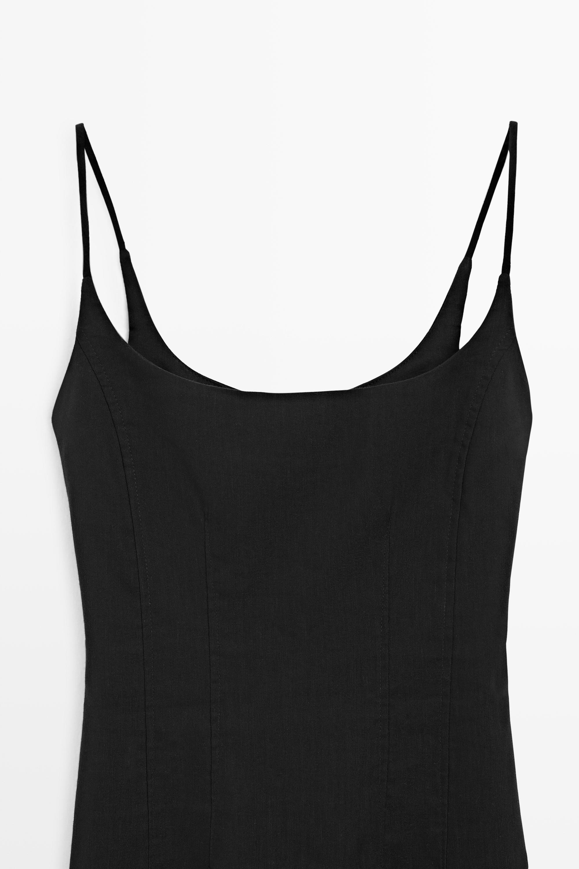 Linen-blend thin strap midi dress — BLACK