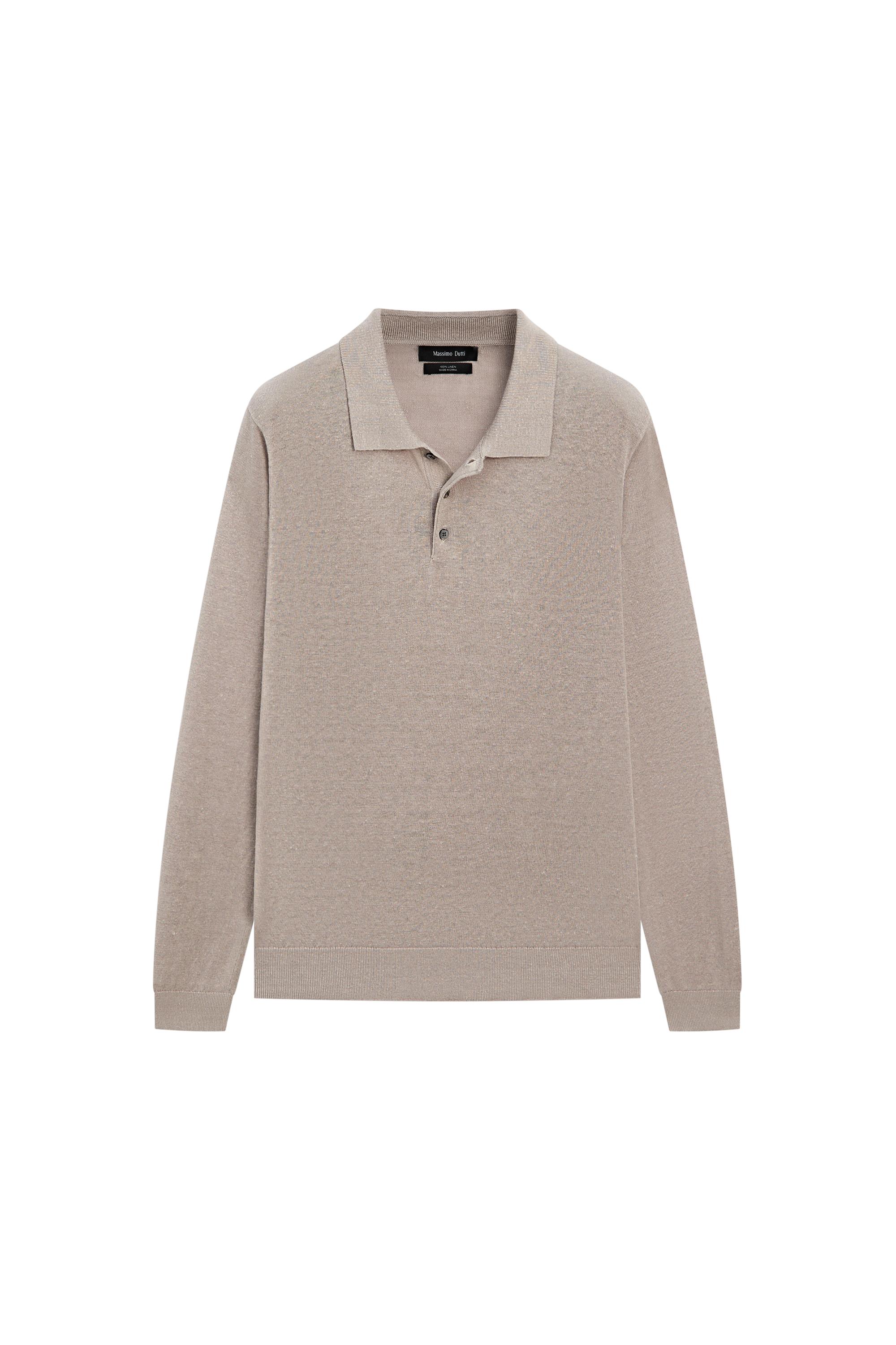 100% linen knit polo collar sweater — STONE