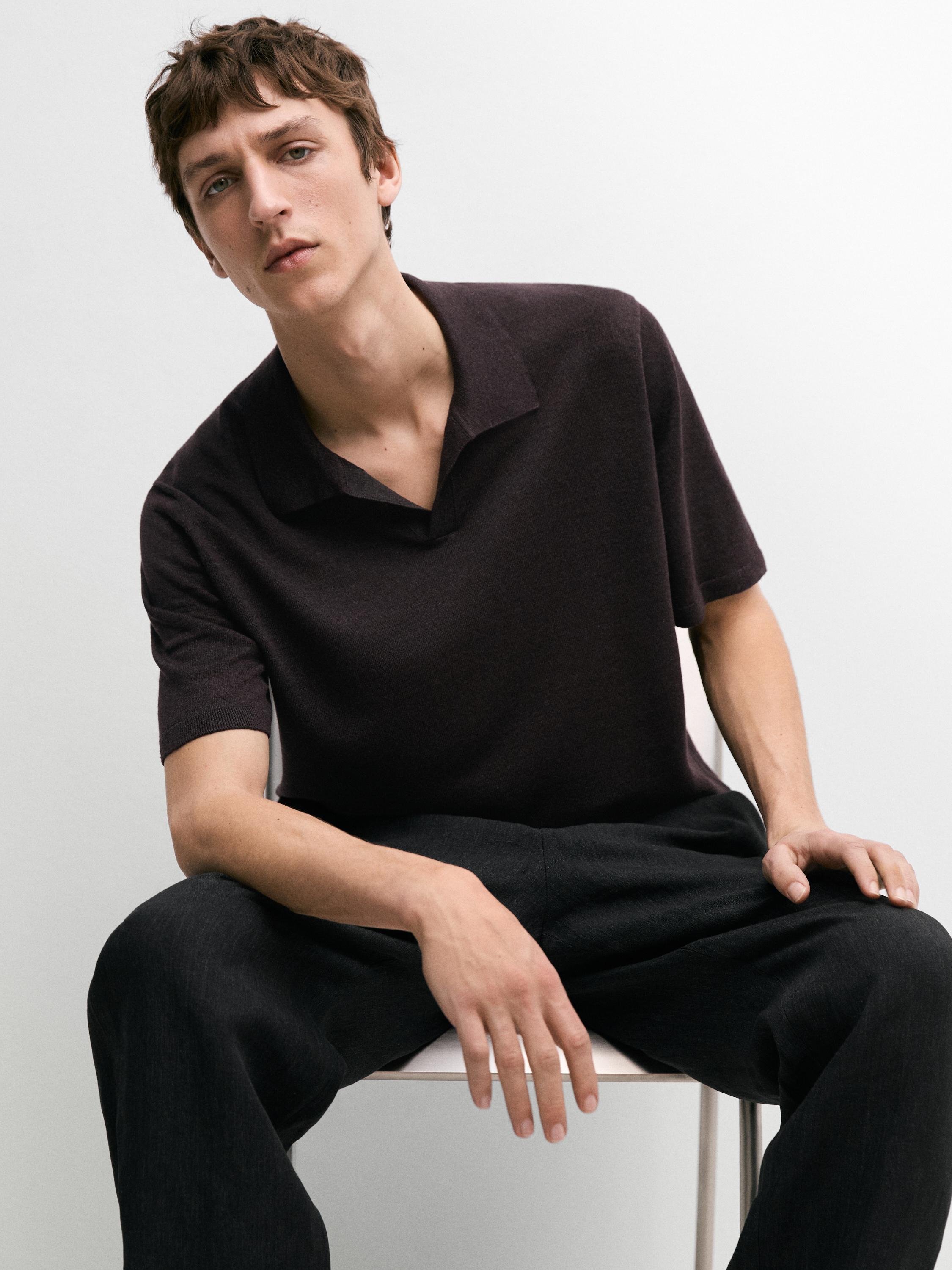 Linen V-neck polo sweater — BURGUNDY