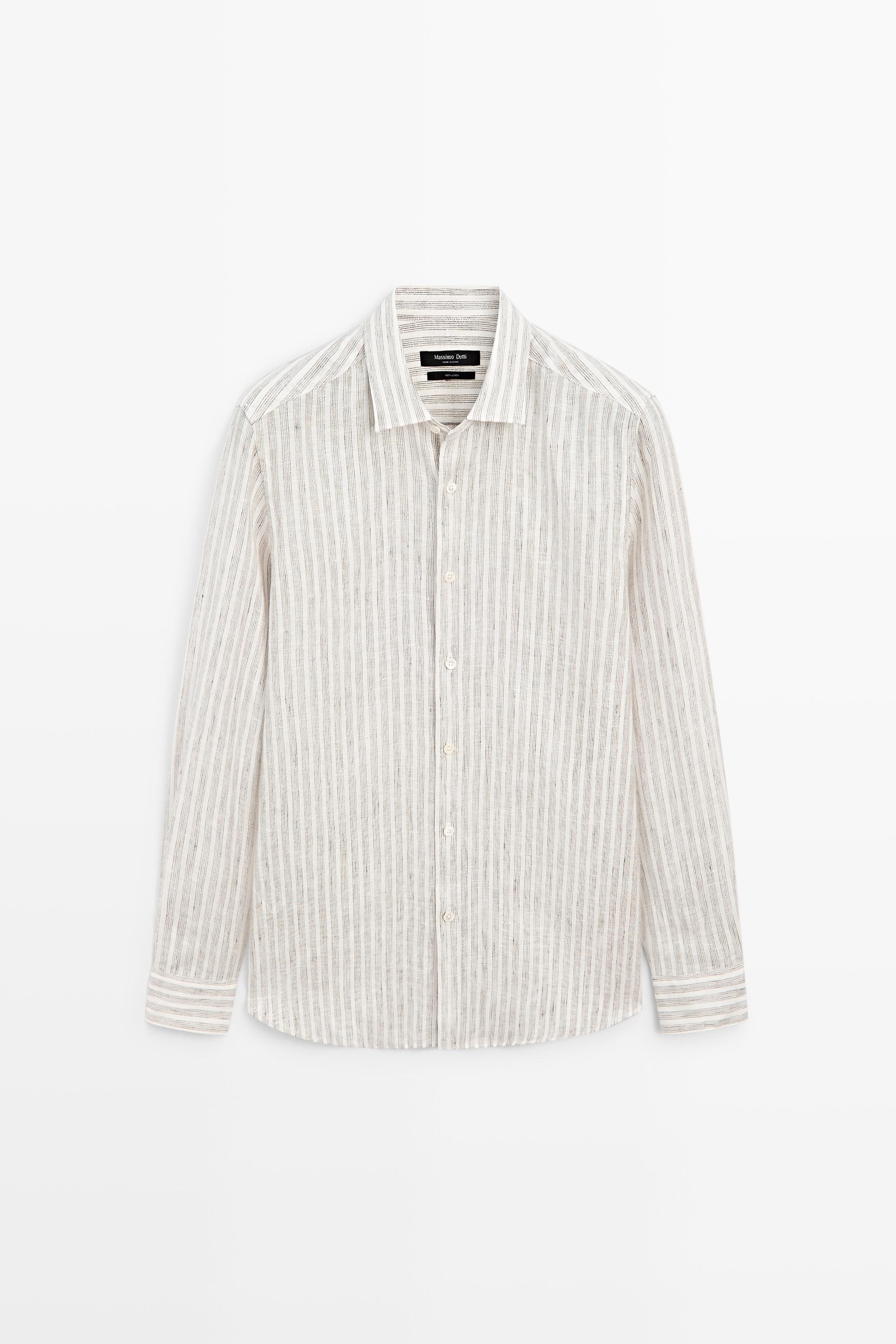 100% linen regular fit striped shirt — BROWN