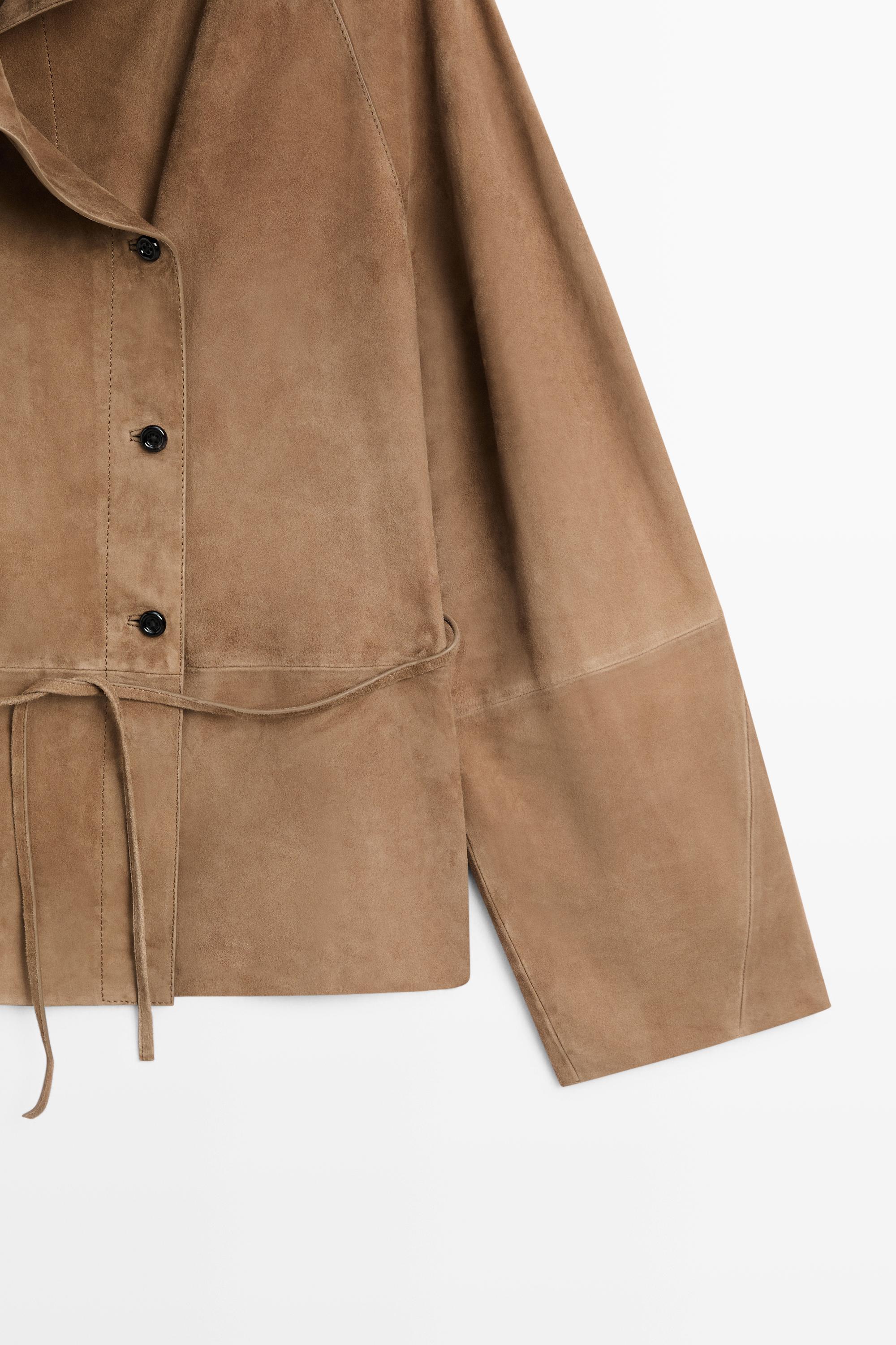 Suede leather jacket with drawstring — SAND