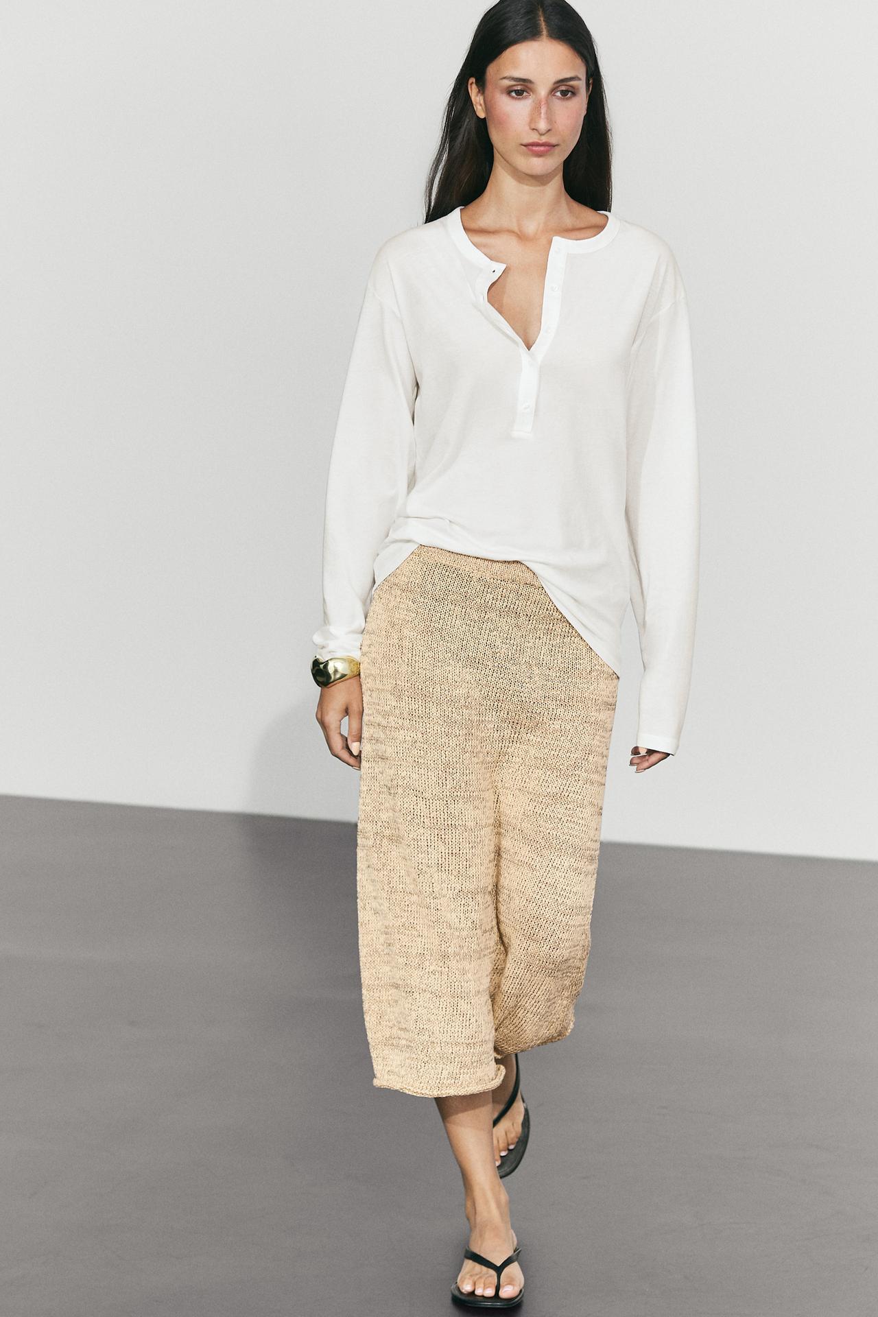 Cotton blend knit midi skirt total look — Beige