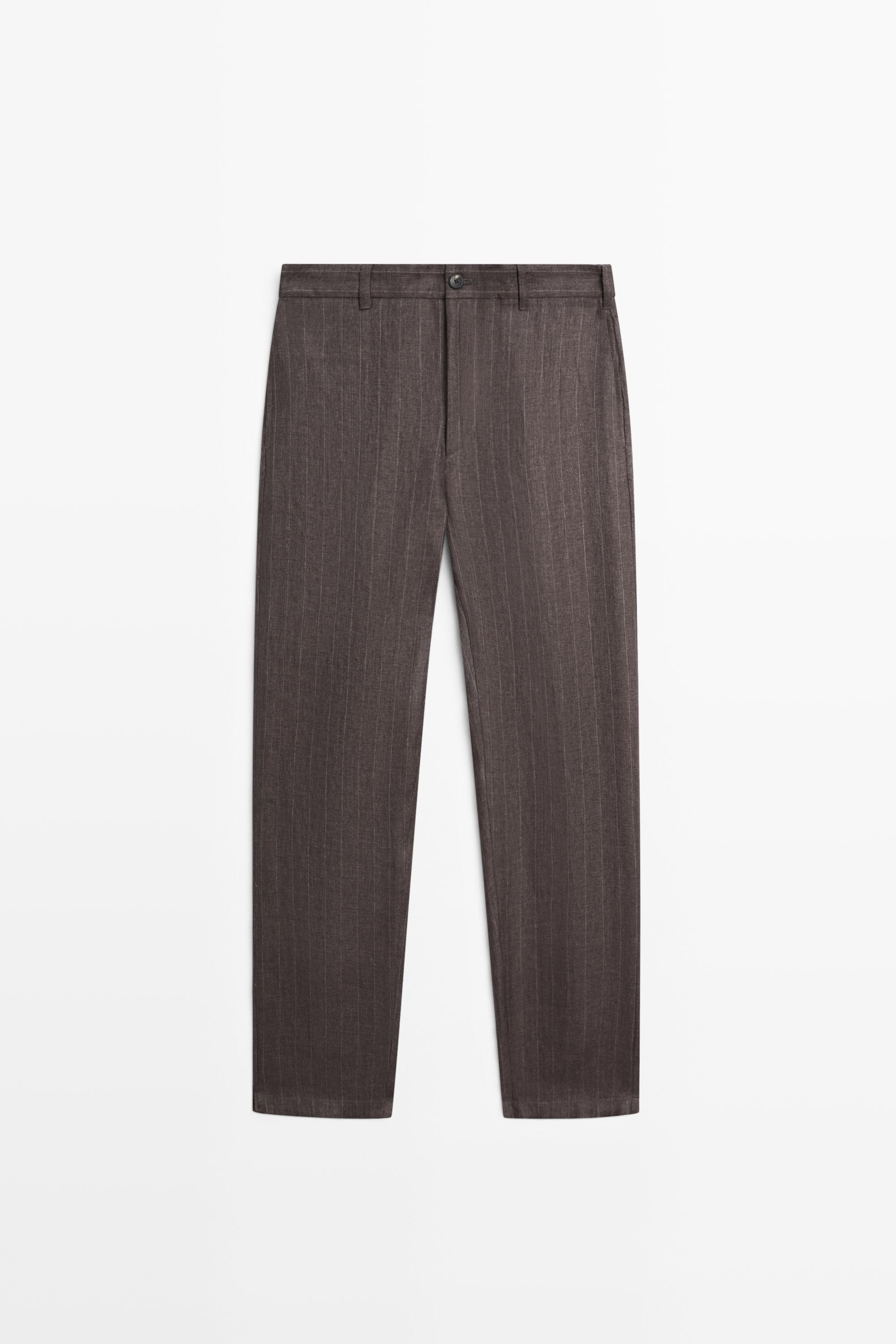 100% linen striped straight-leg pants — BROWN