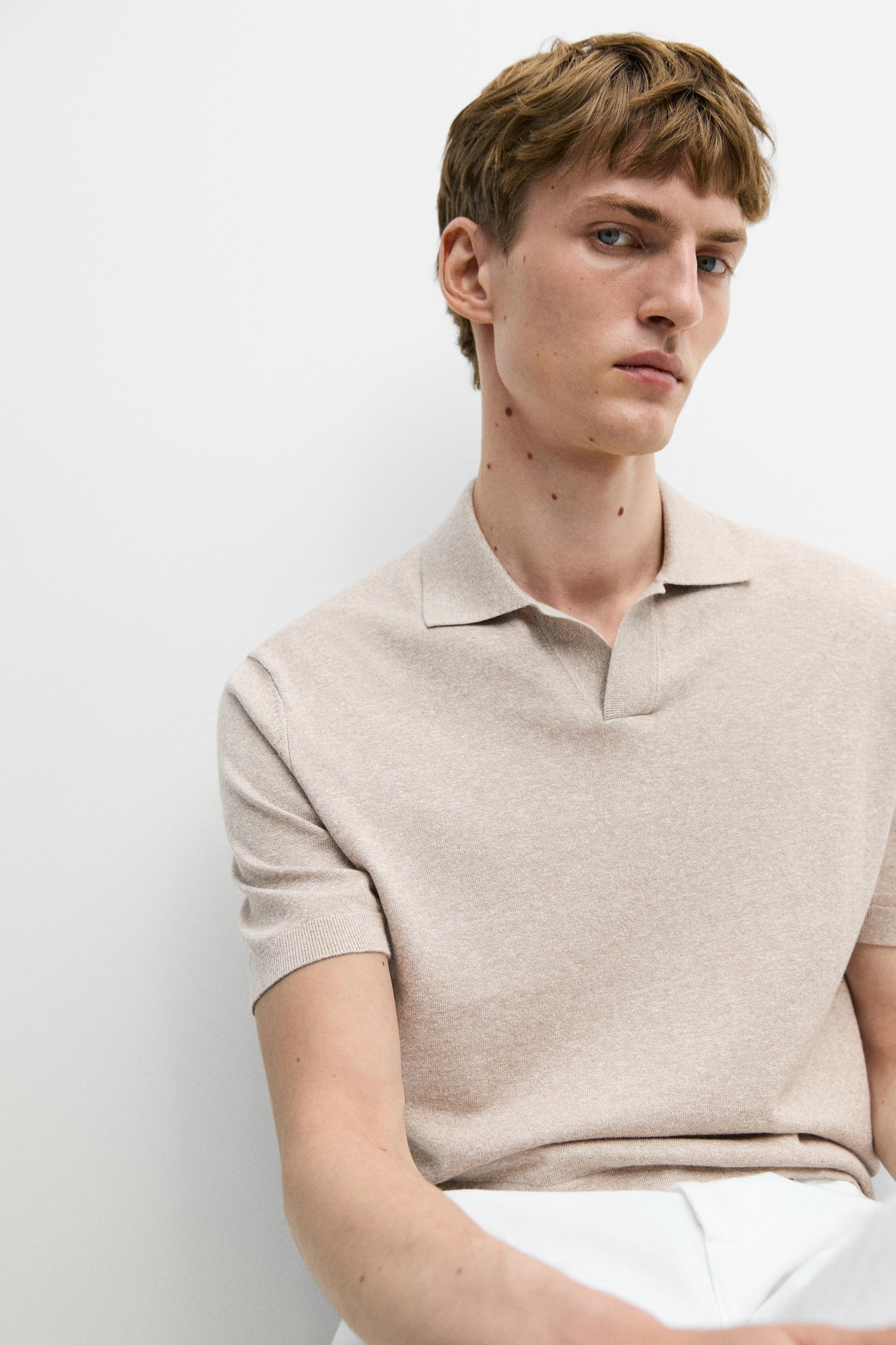 Cotton and linen knit polo sweater — BEIGE