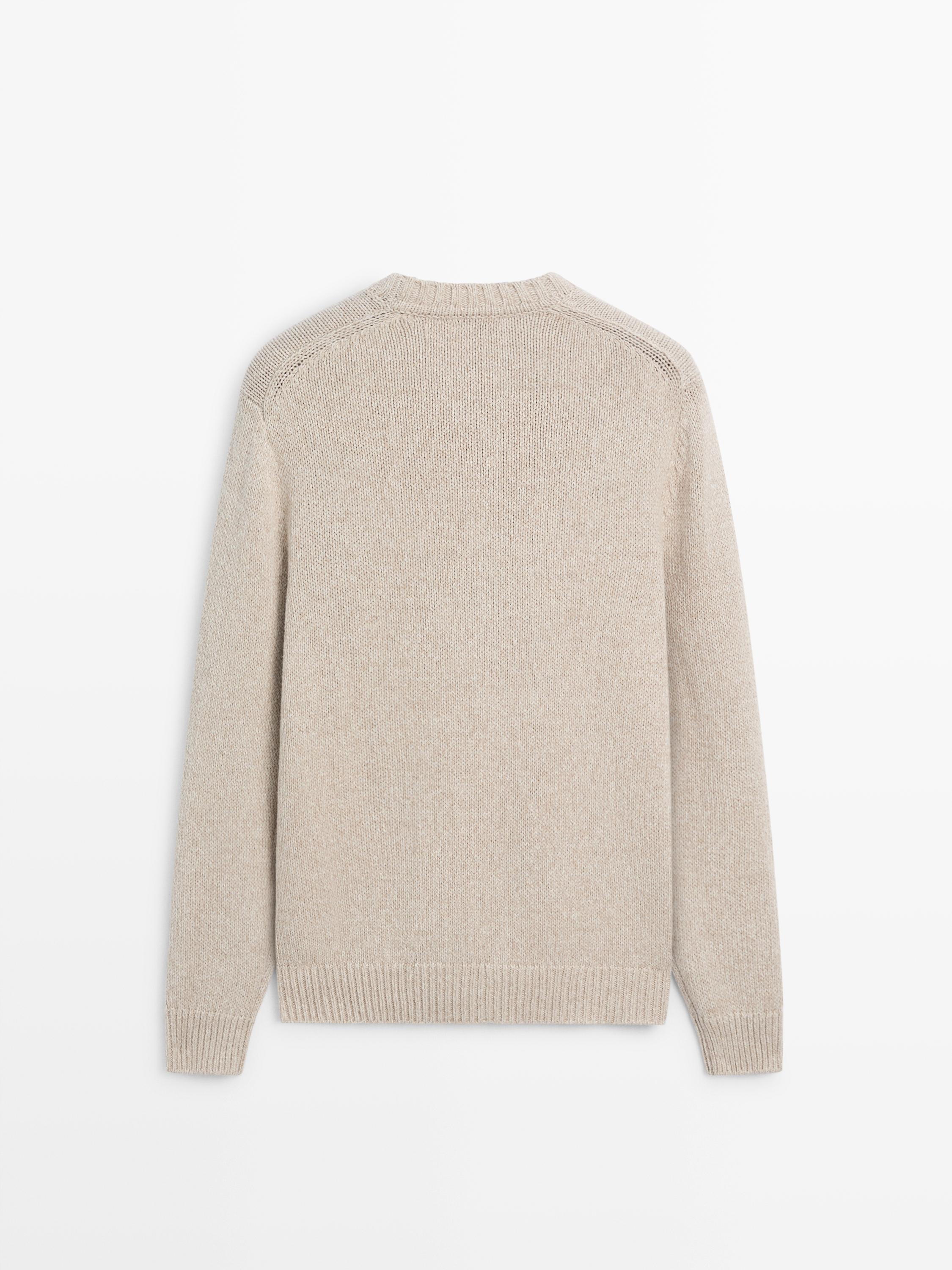 Cotton blend knit crew neck sweater — BEIGE