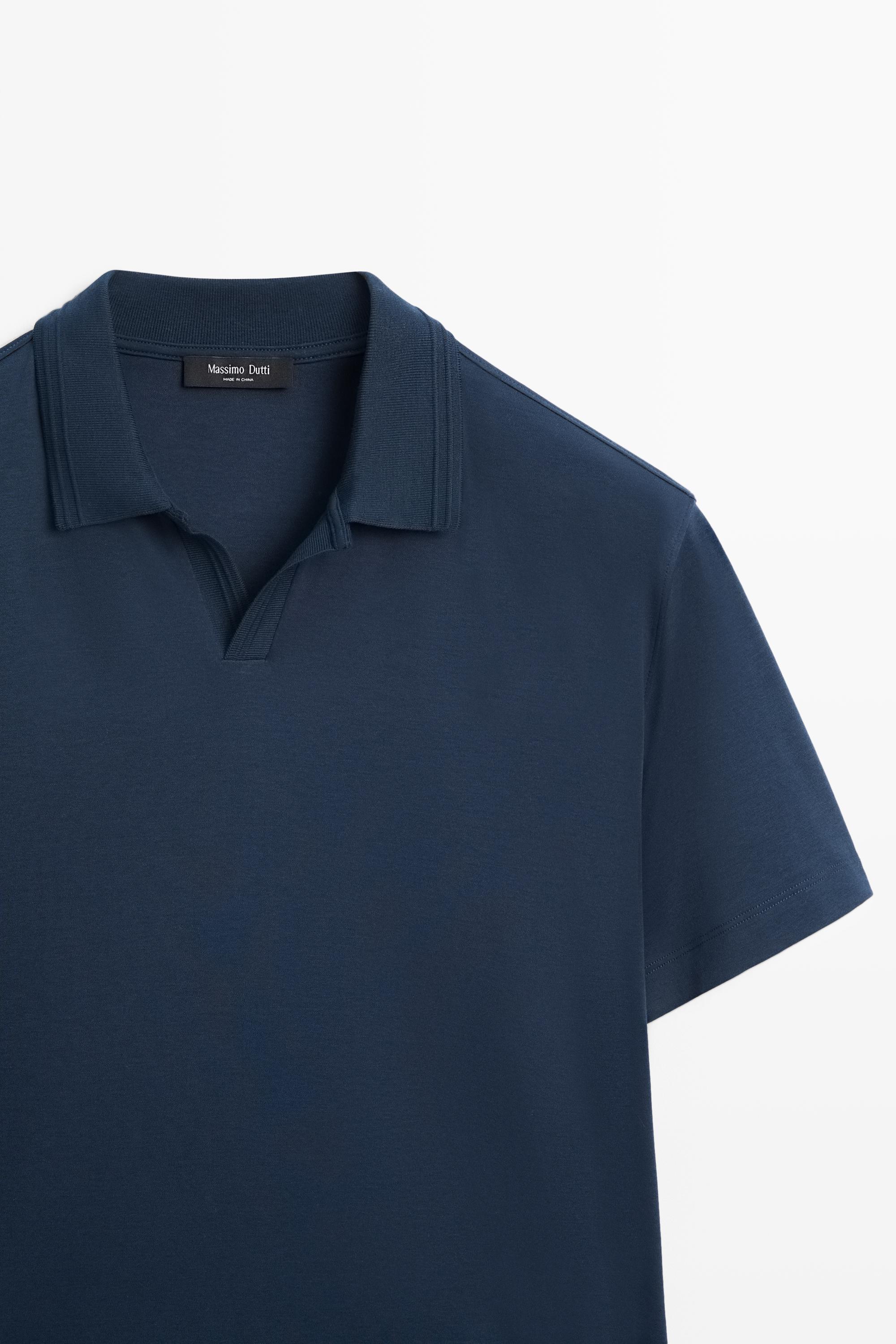 100% cotton V-neck knit polo — BLUE