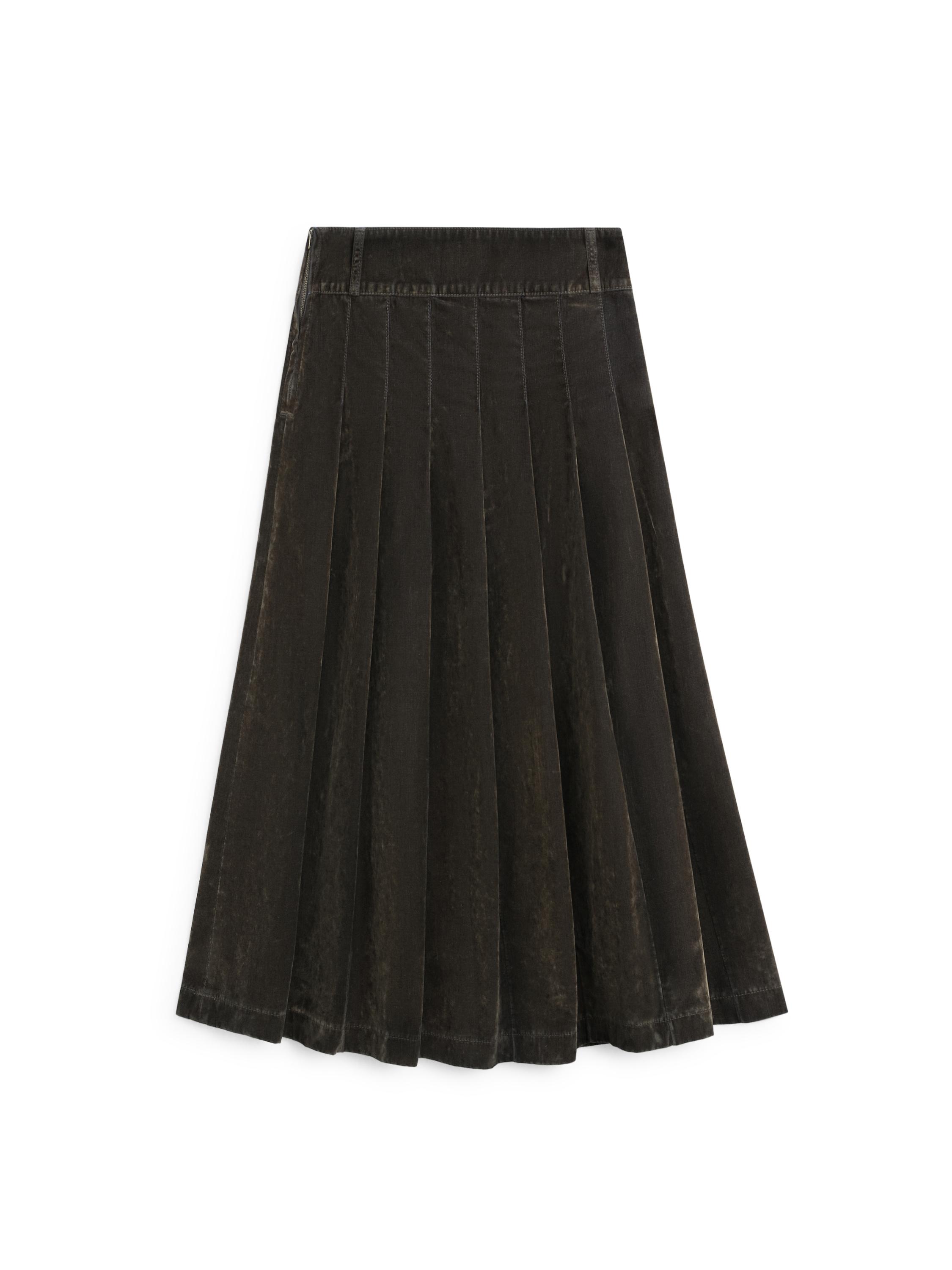 Flocked denim midi skirt with box pleats — KHAKI