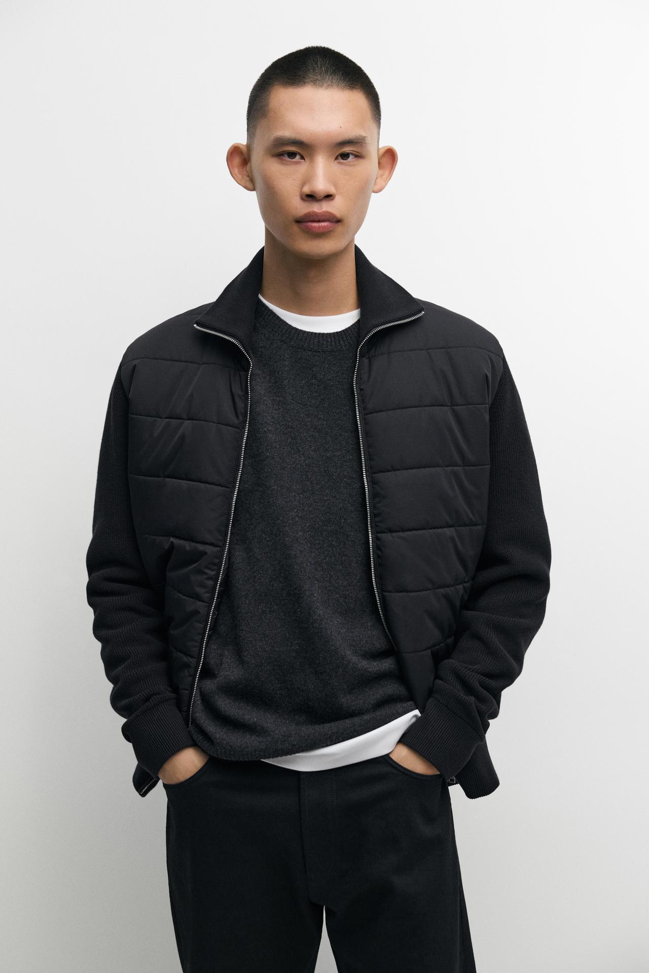 High neck mixed fabric cardigan — BLACK