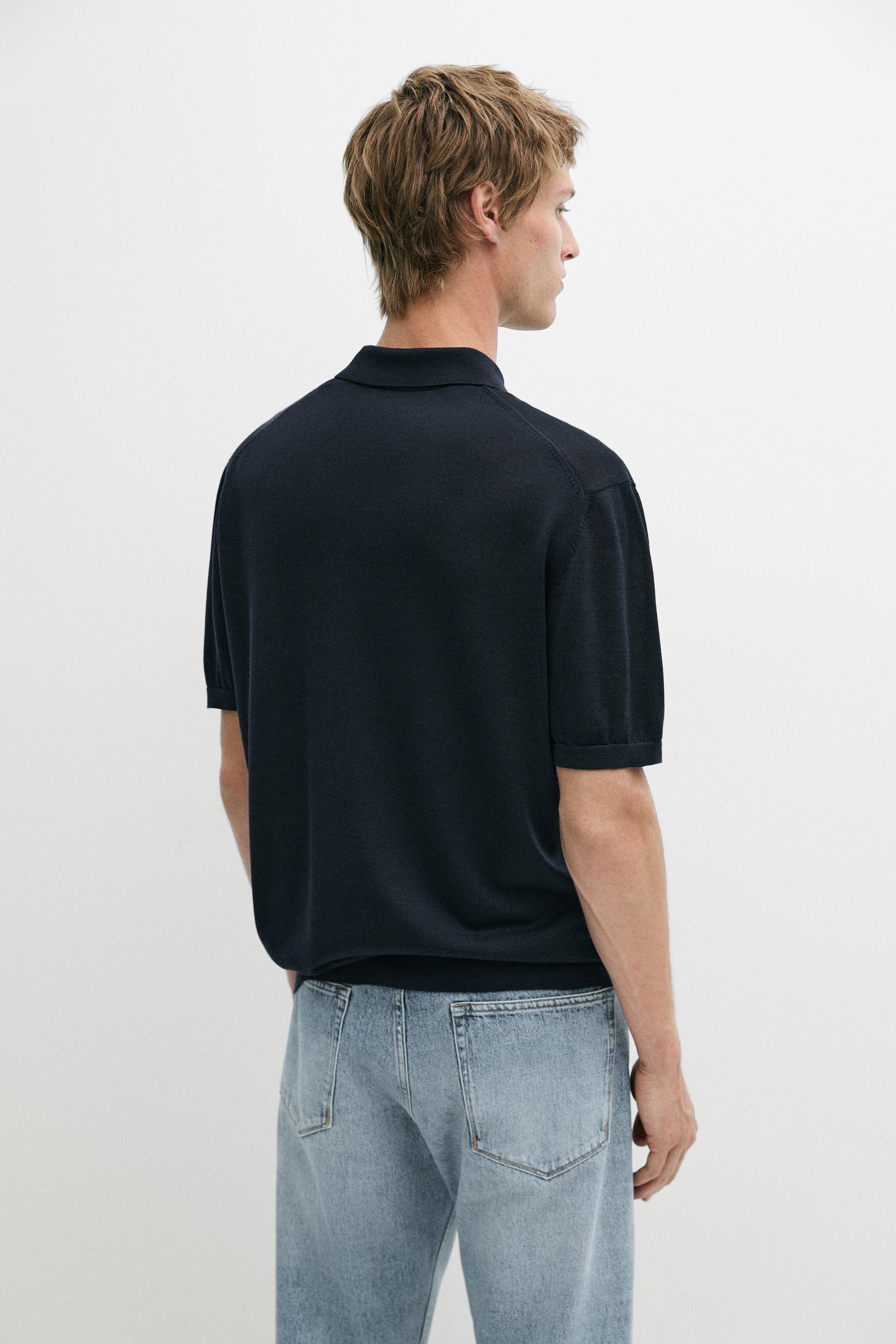 Wool blend knit polo shirt — NAVY BLUE