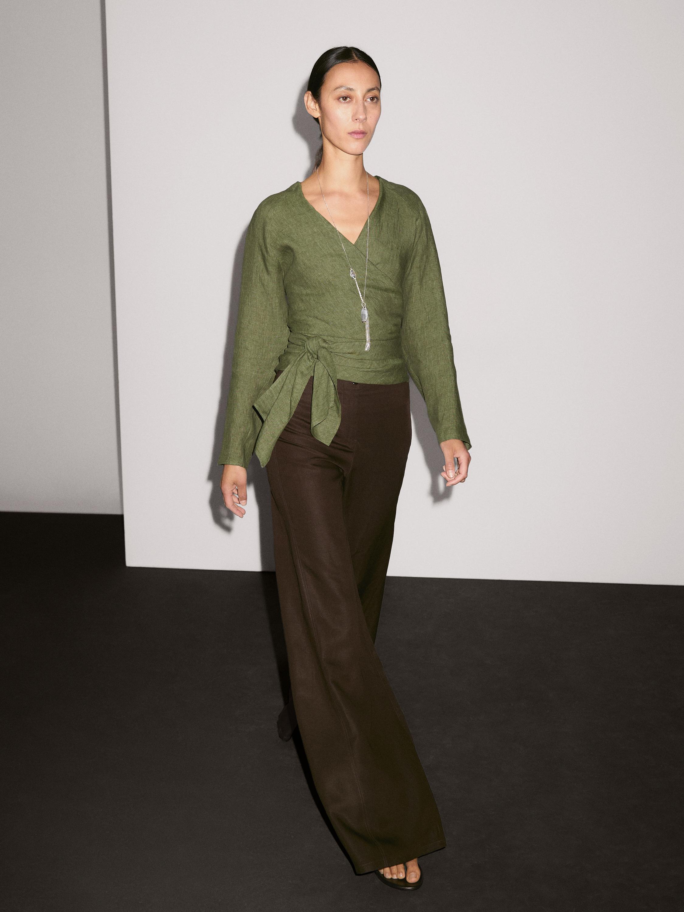 Blouse fluide lin avec nœud à la taille