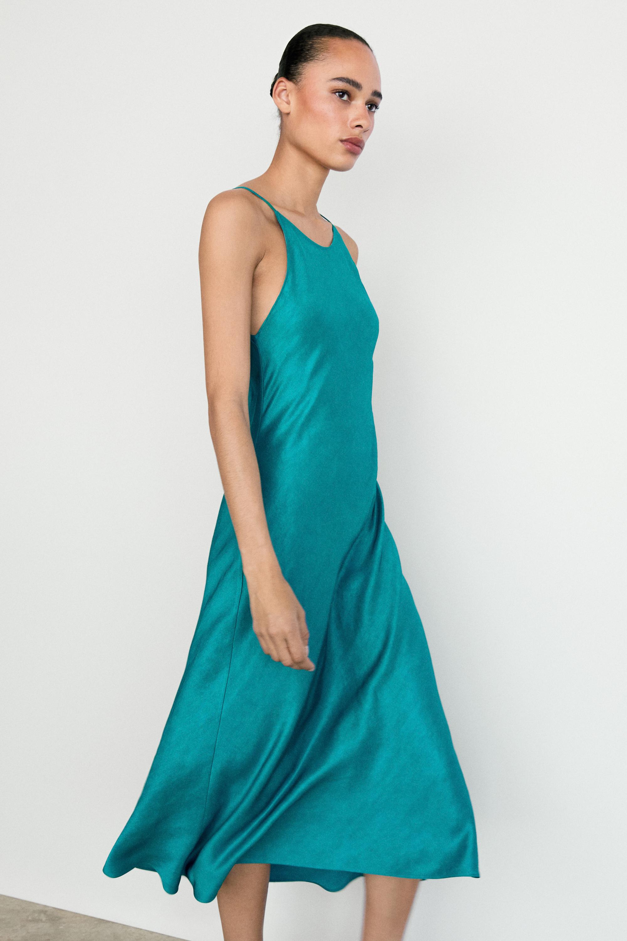 Flowing satin midi dress — BLUE