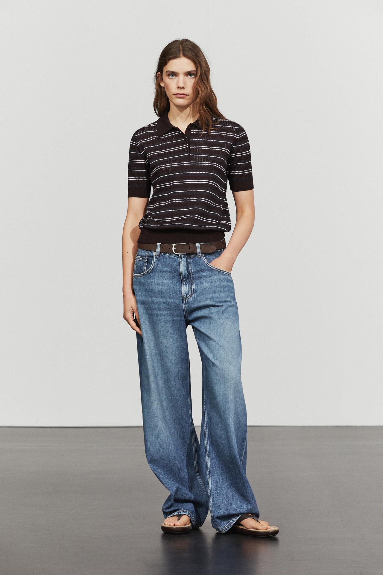 Cotton blend striped open-knit polo shirt — BLUE