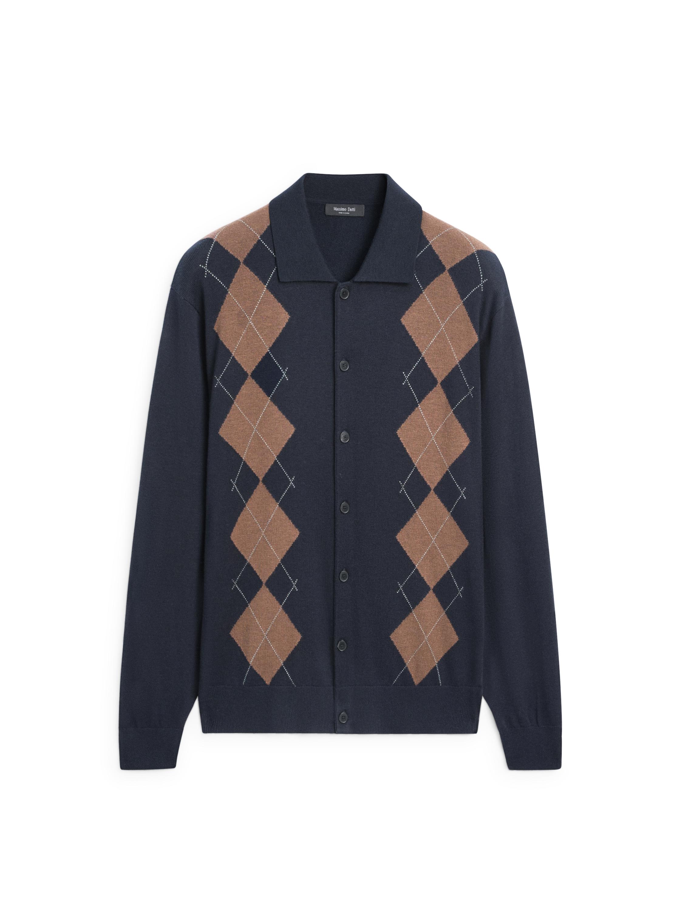Wool blend argyle knit cardigan — NAVY BLUE