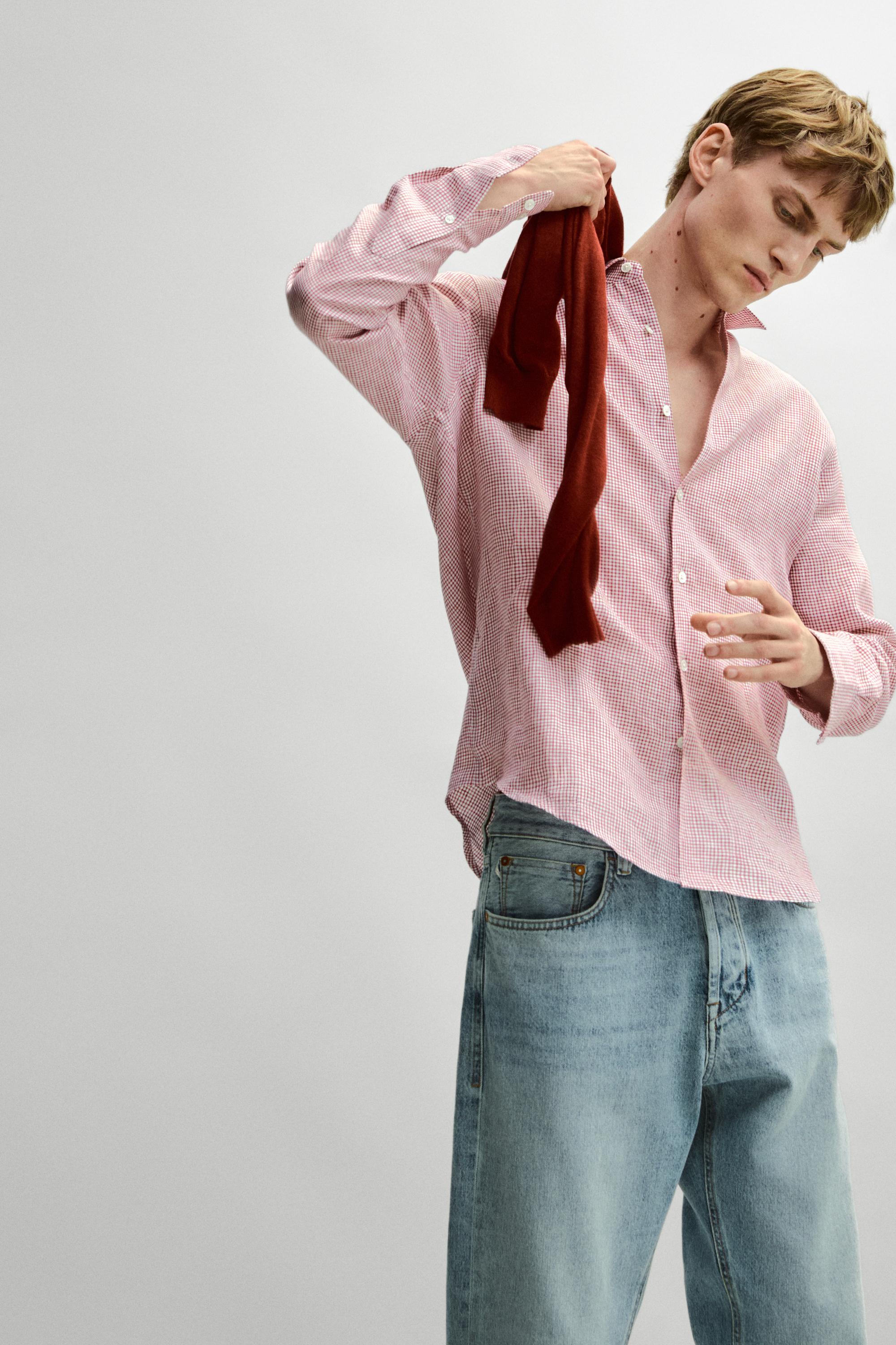 100% linen regular fit micro-checked shirt — BRIGHT RED