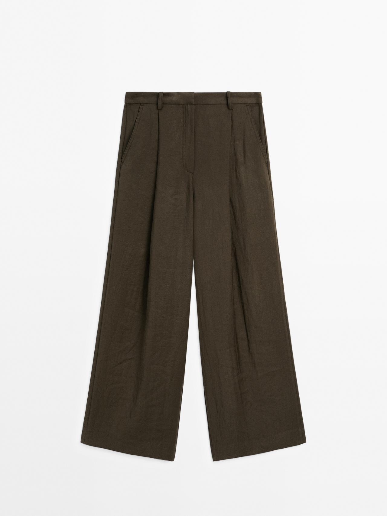 Massimo Dutti - Dames - Wide Leg Cropped Broek Met Bandplooien - Chocolade - 36