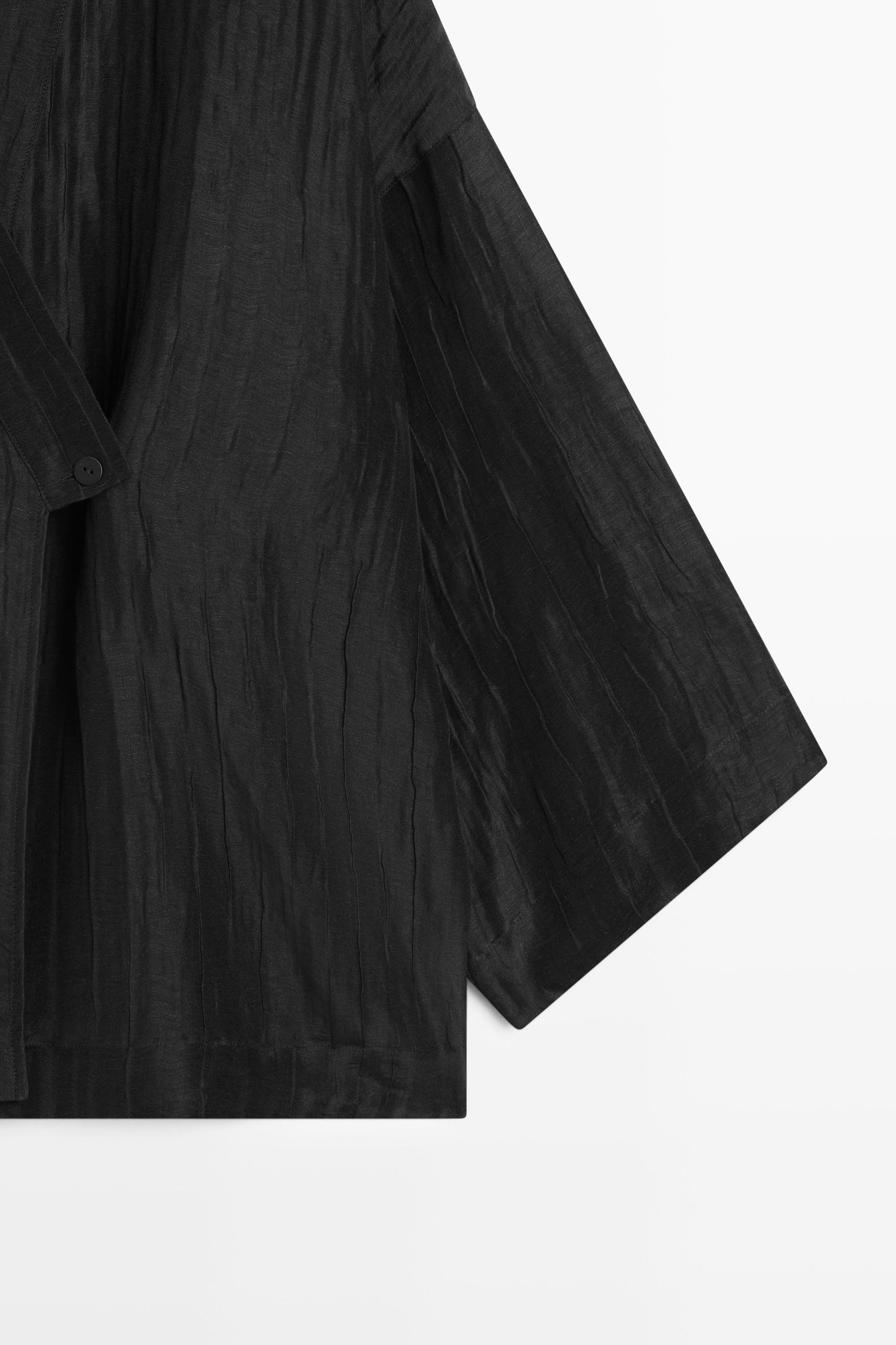 Textured linen blend V-neck kimono — BLACK
