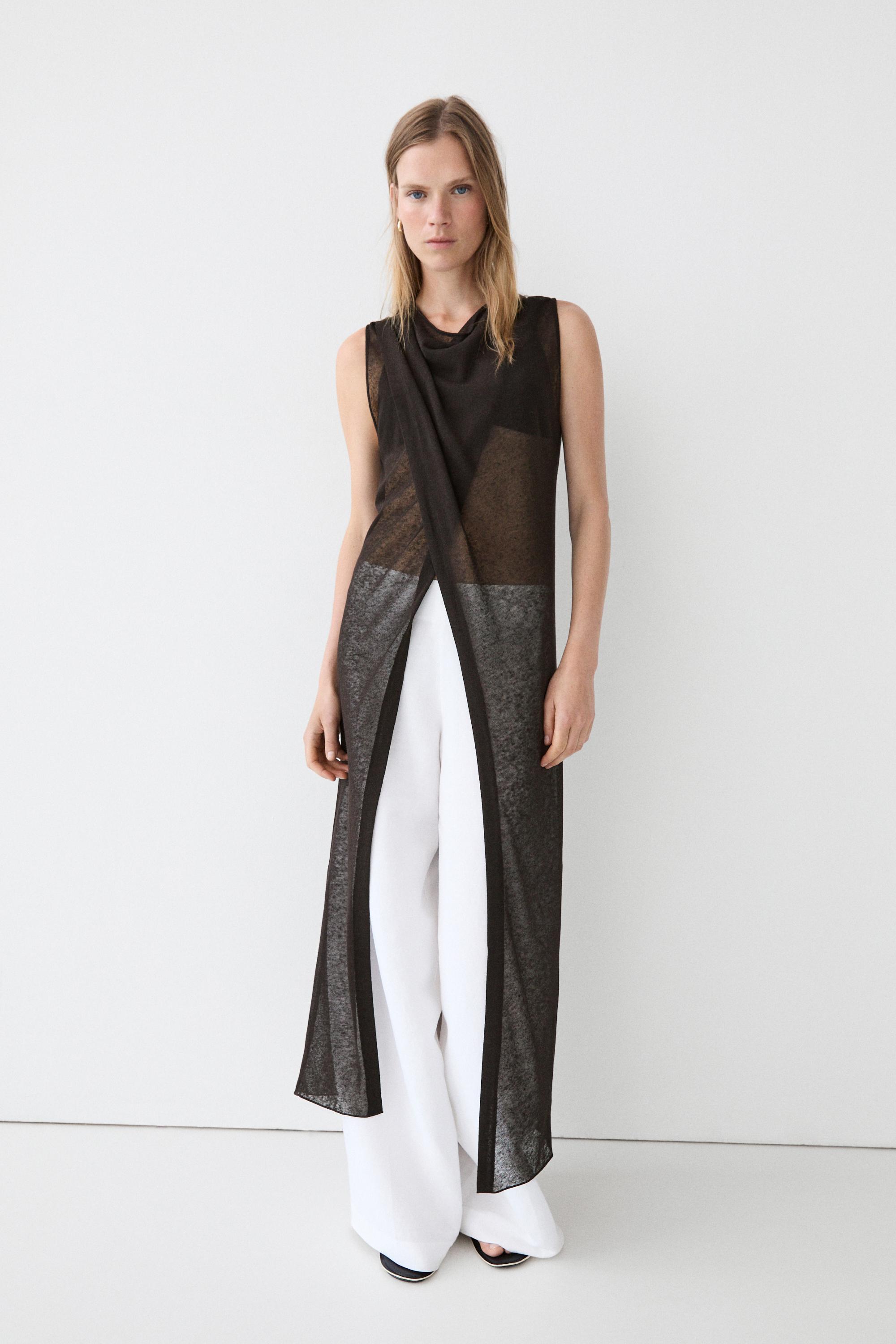 Linen blend crossover dress — BROWN