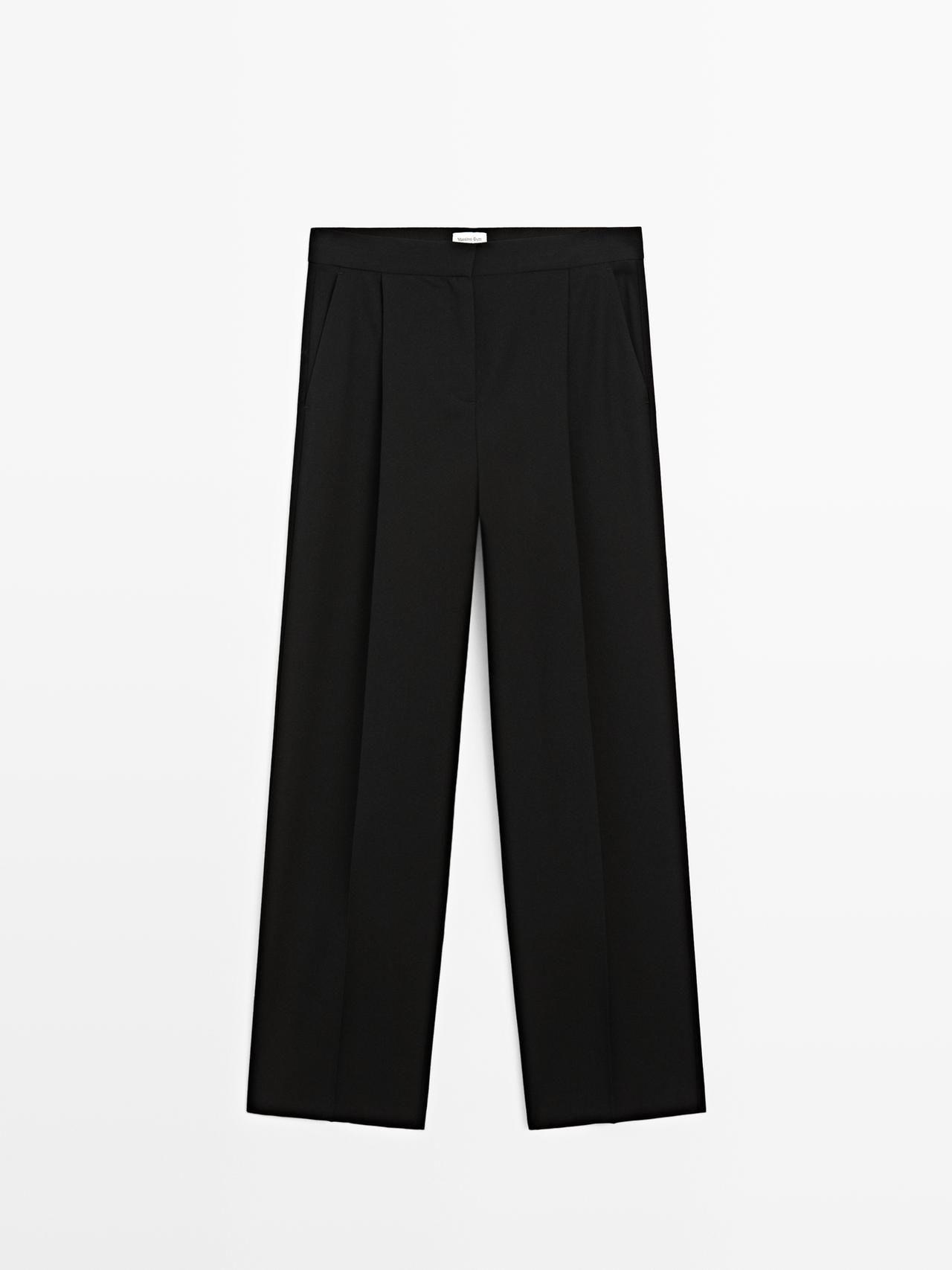 Massimo Dutti - Dame - Bukser Med Brede Ben Og Læg I 100% Uld – Limited - Sort - 42