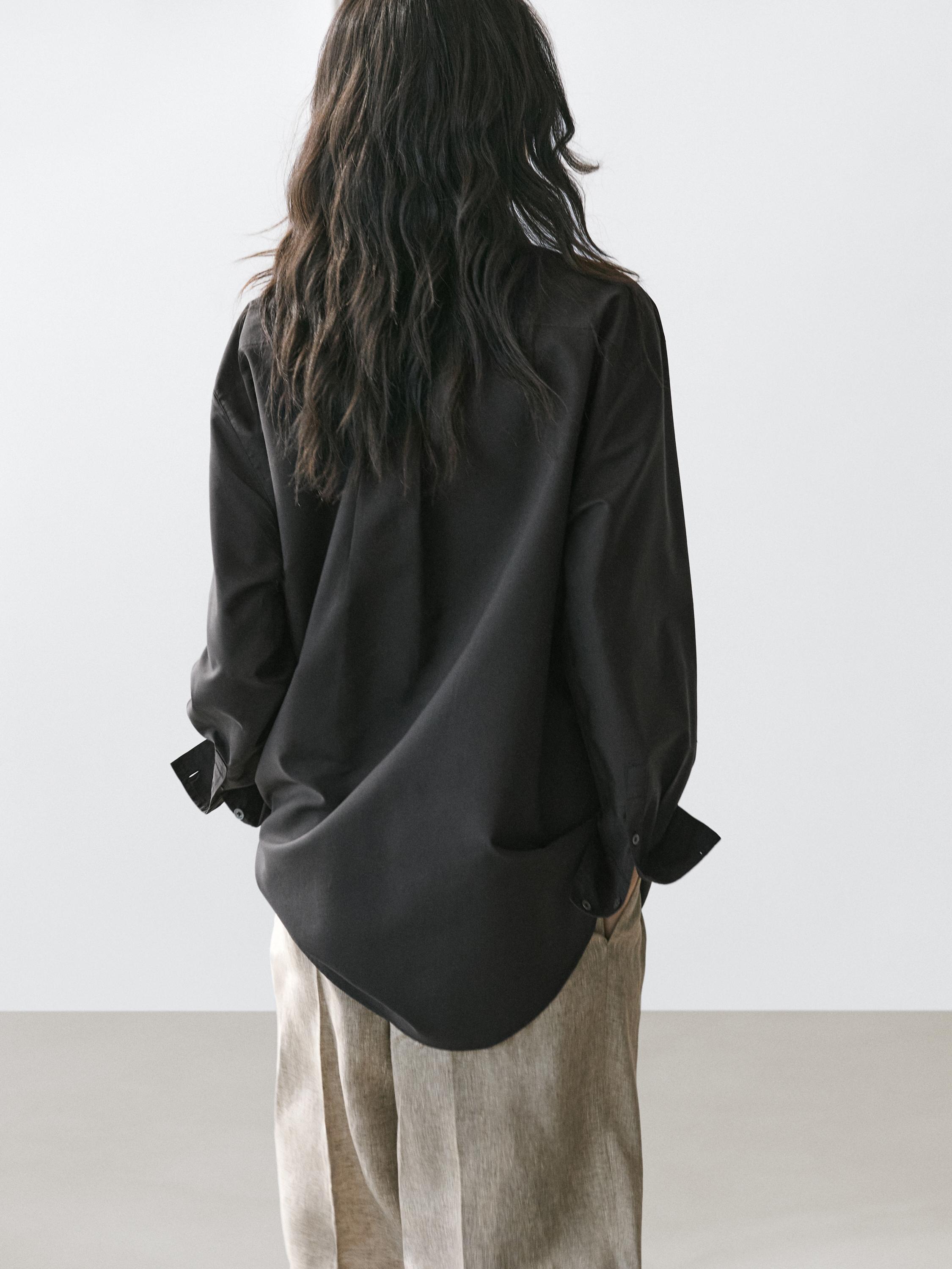 Bib front shirt with embroidered detail — BLACK