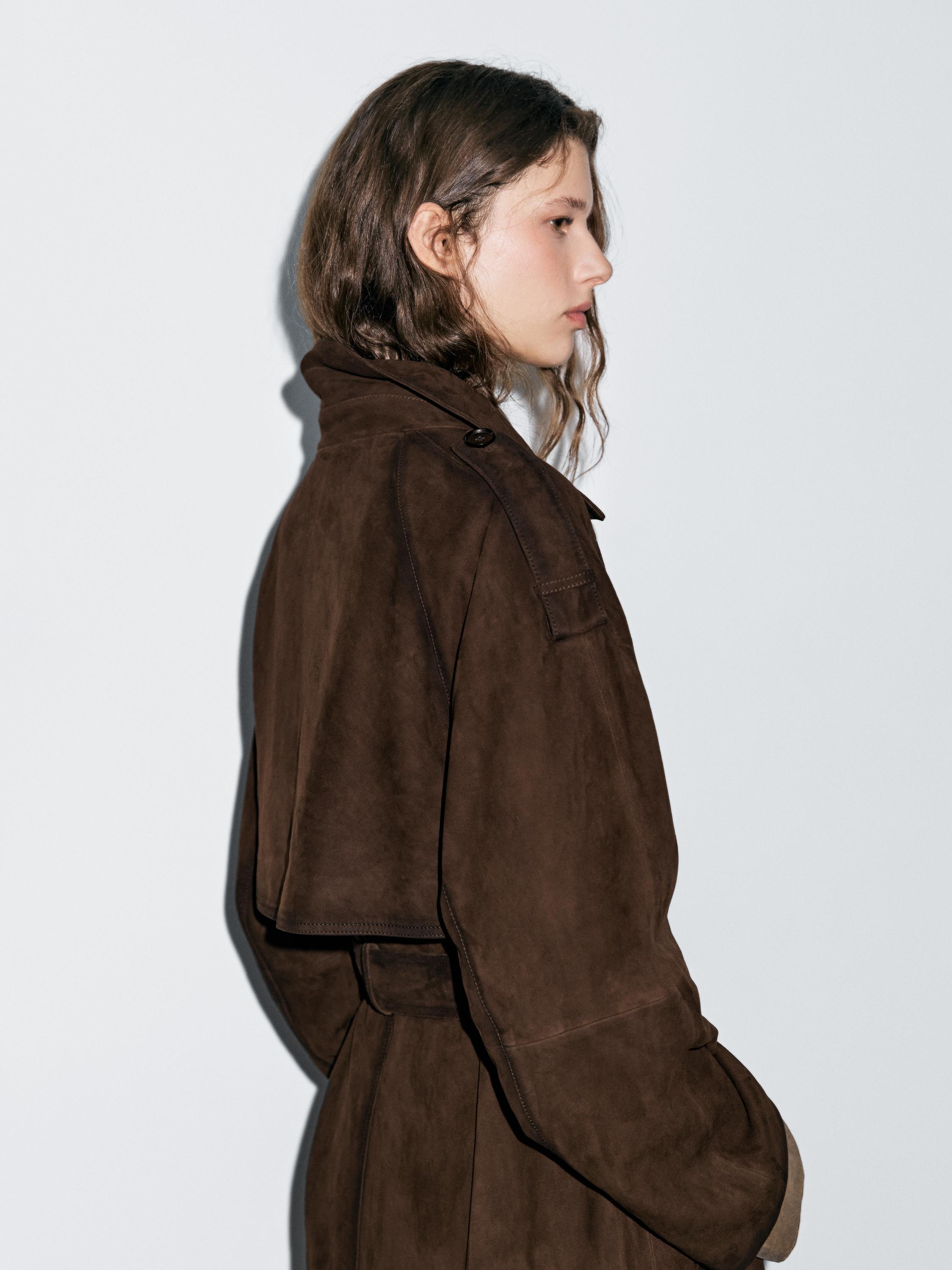 Long suede leather trench coat