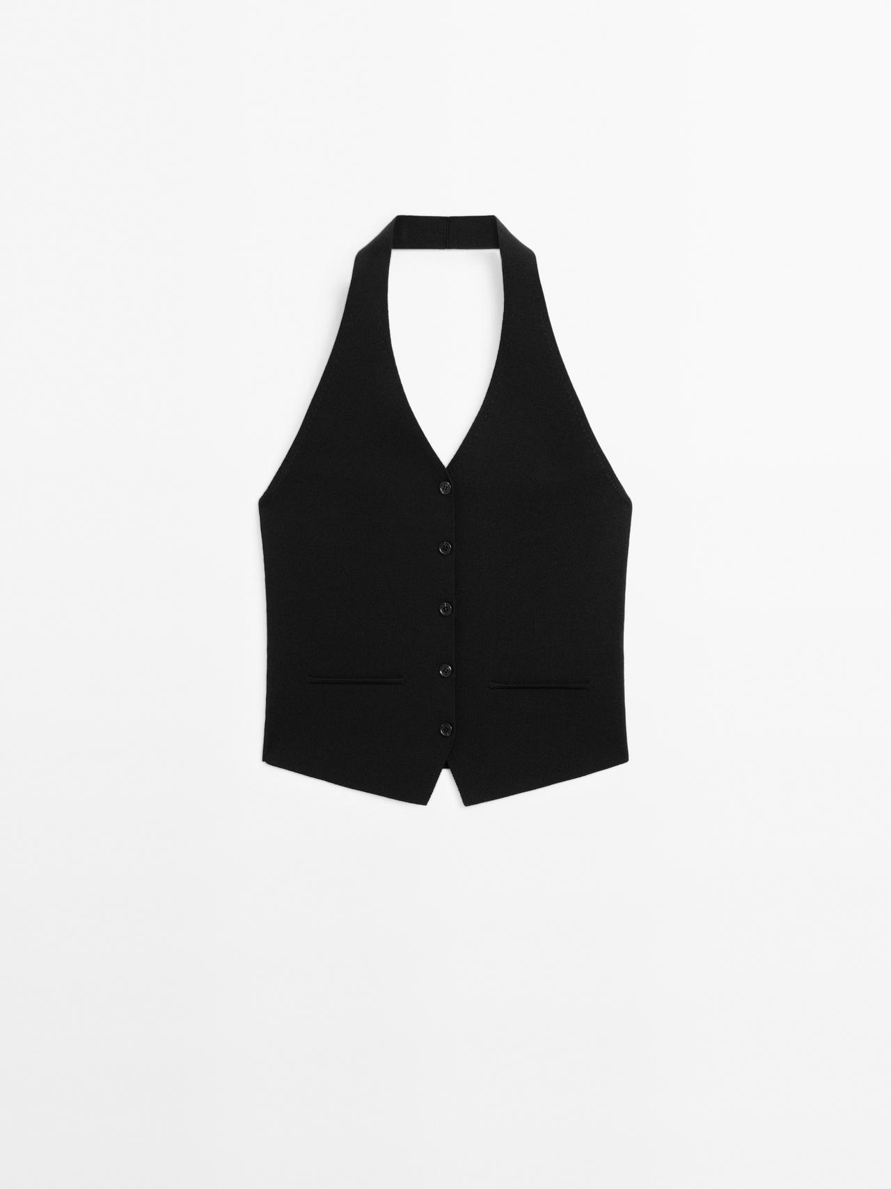 Massimo Dutti - Dame - Strikket Vest Med Halterneck - Sort - L