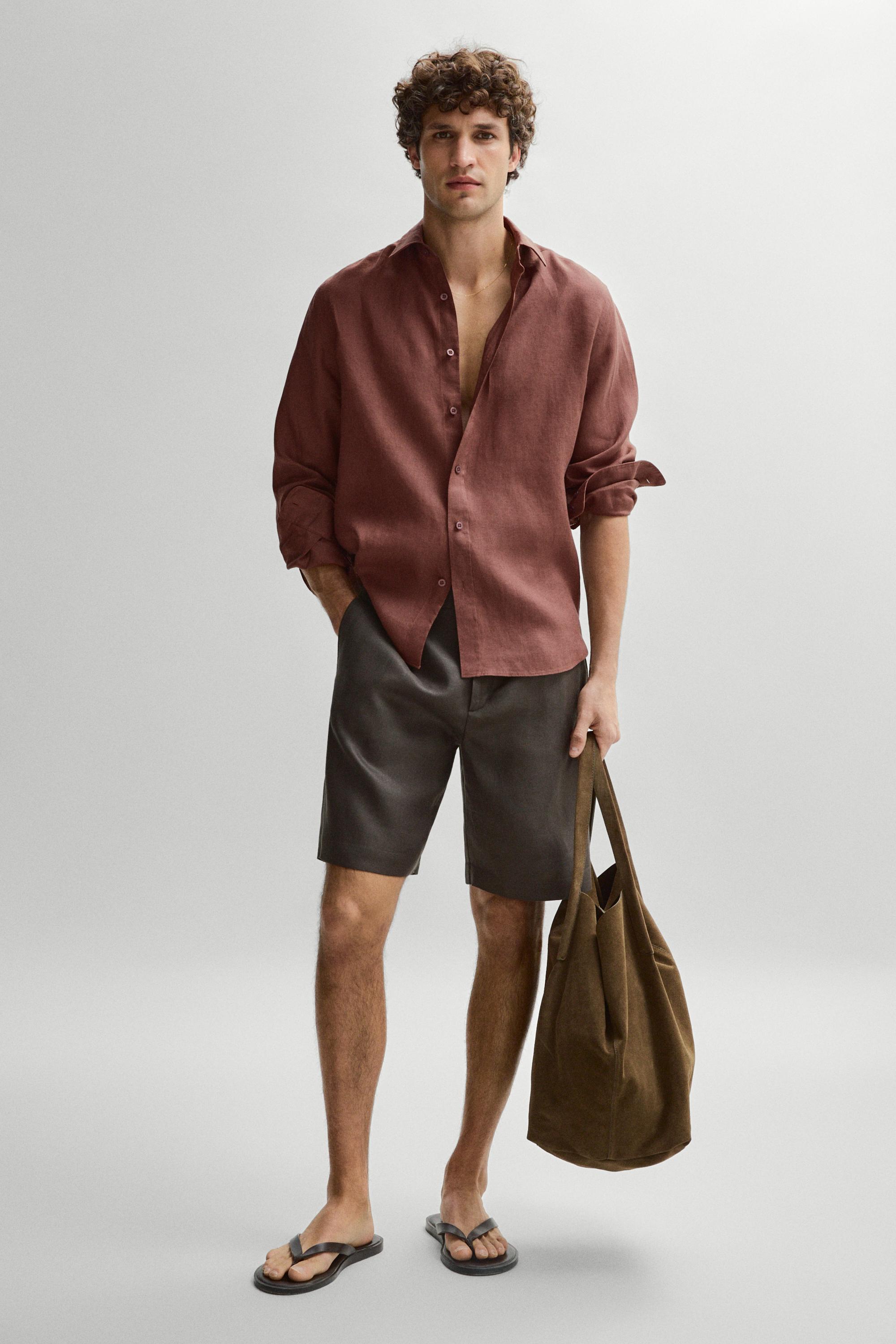 Slim fit 100% linen shirt — DARK MAROON