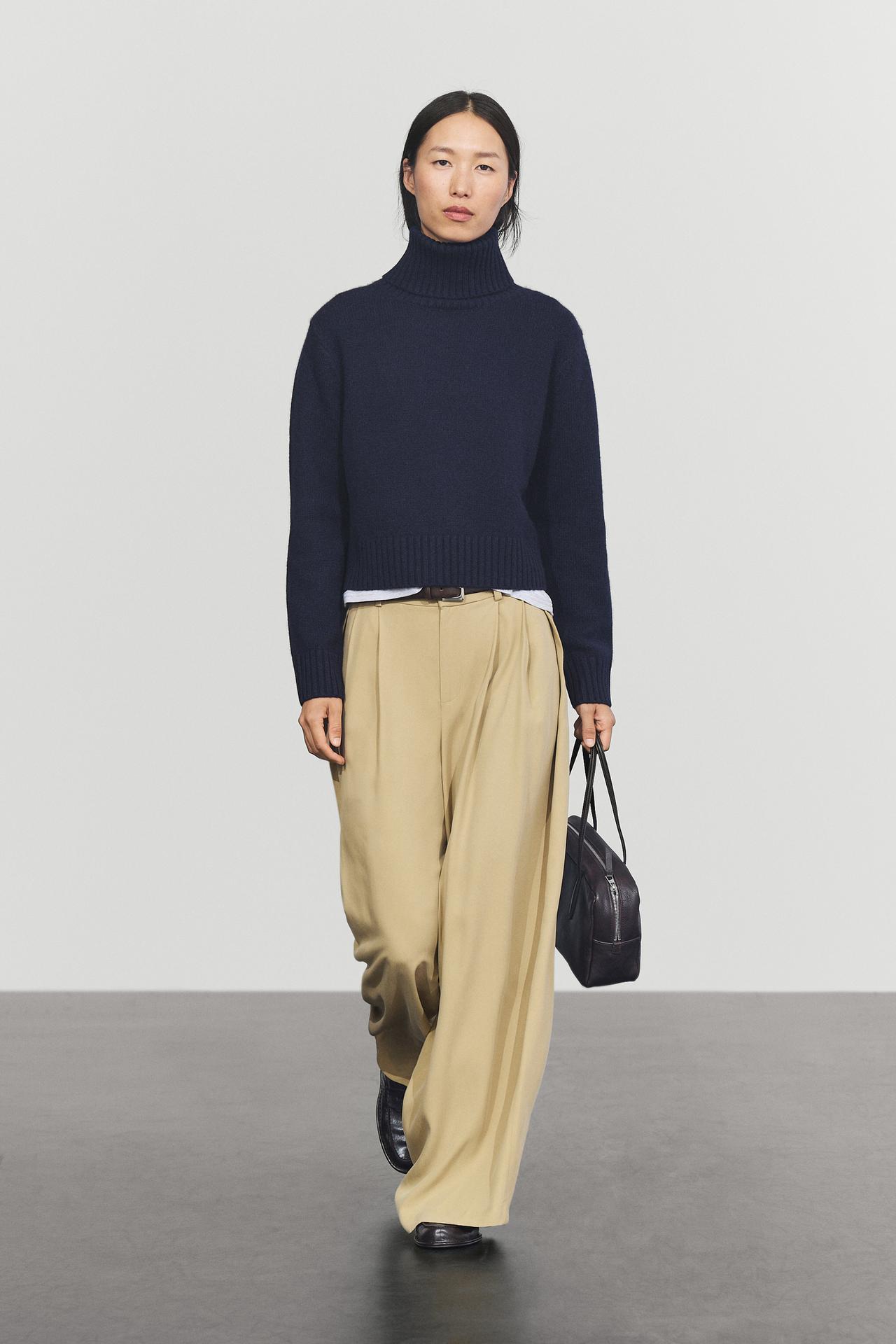 Cropped 100% cashmere knit sweater — INK BLUE