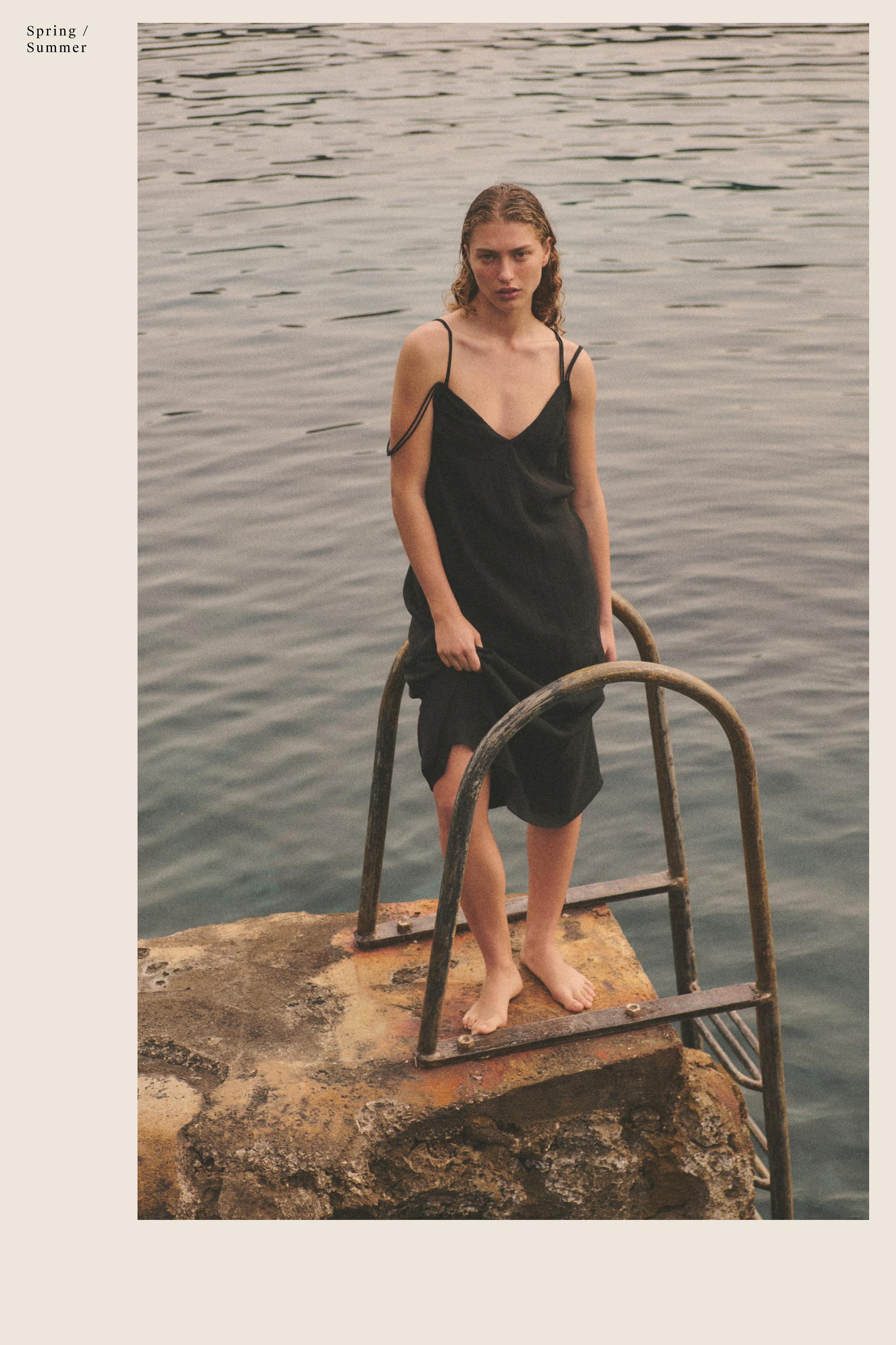 Ramie blend strappy midi dress — BLACK