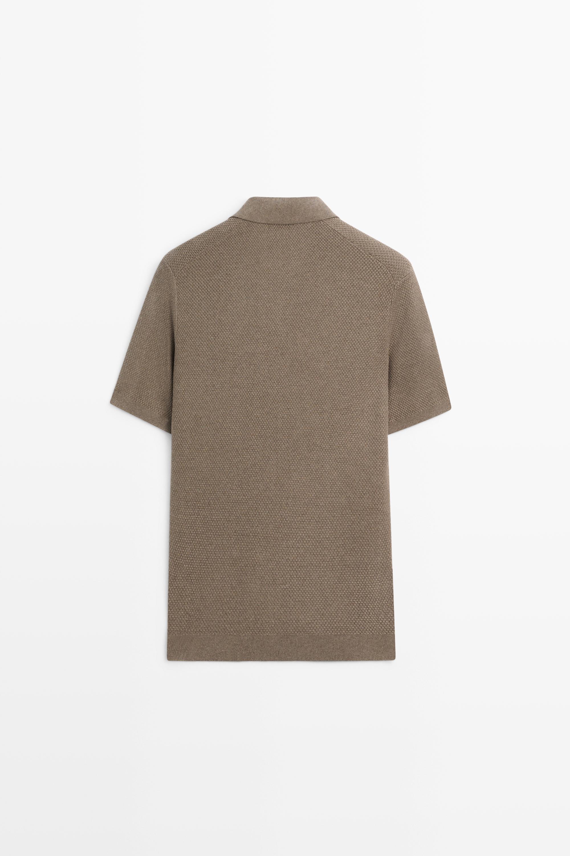 Cotton blend knit V-neck polo shirt — KHAKI