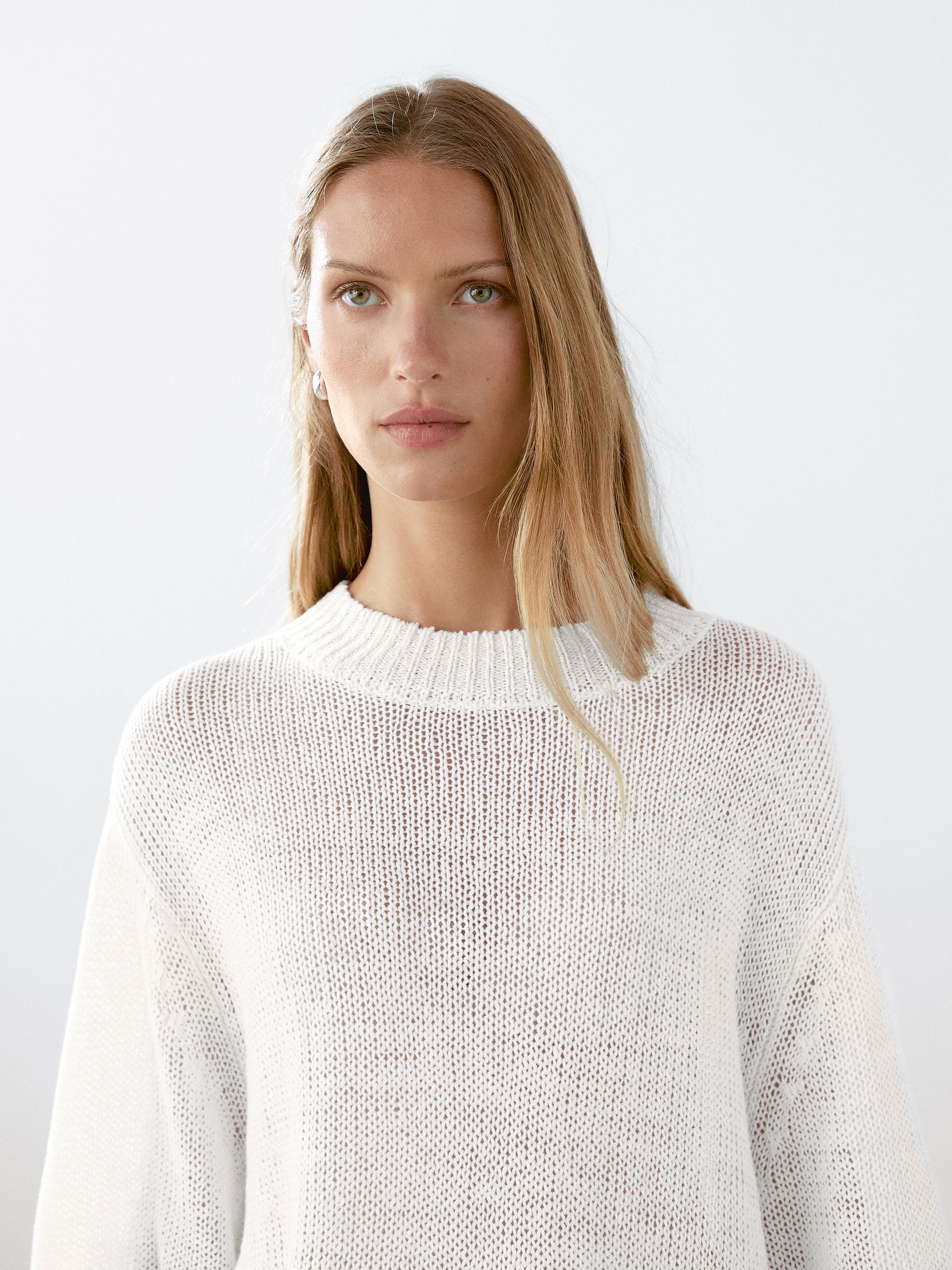 Massimo Dutti Short Sleeve Linen Knit Sweater In White