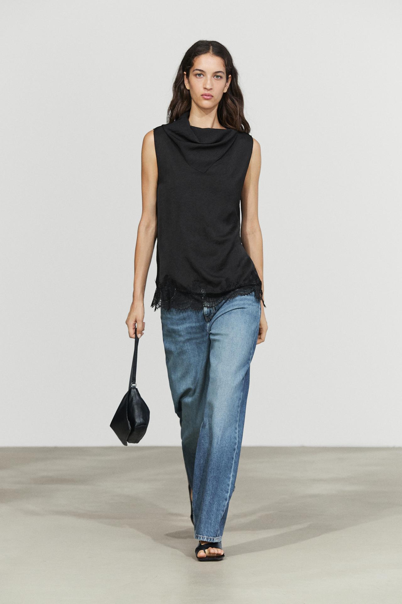 Flowing lace-detail top — BLACK