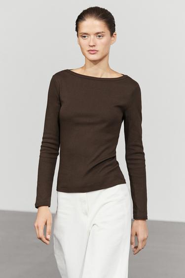 Long Sleeve Boat Neck T-shirt — BROWN 3