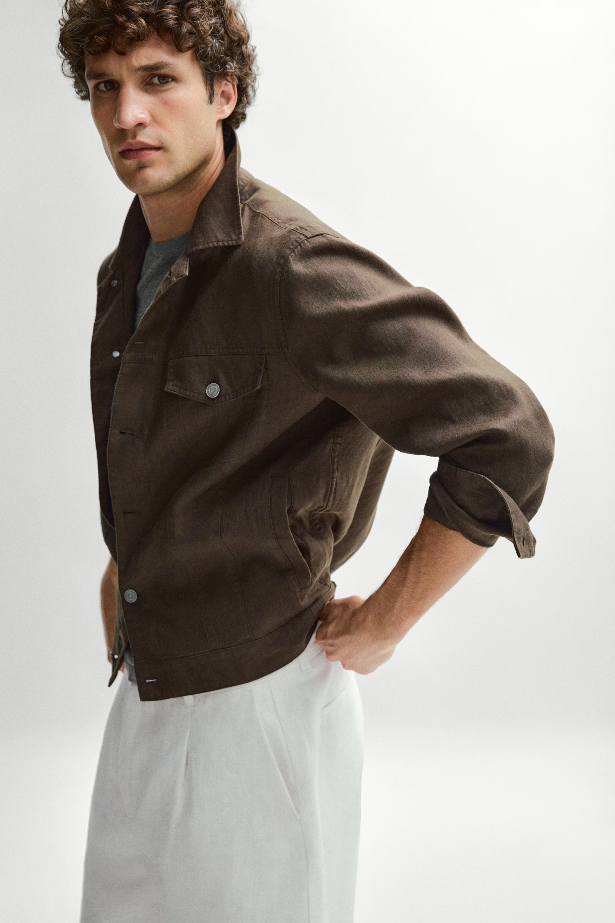 100% linen trucker jacket — DARK KHAKI