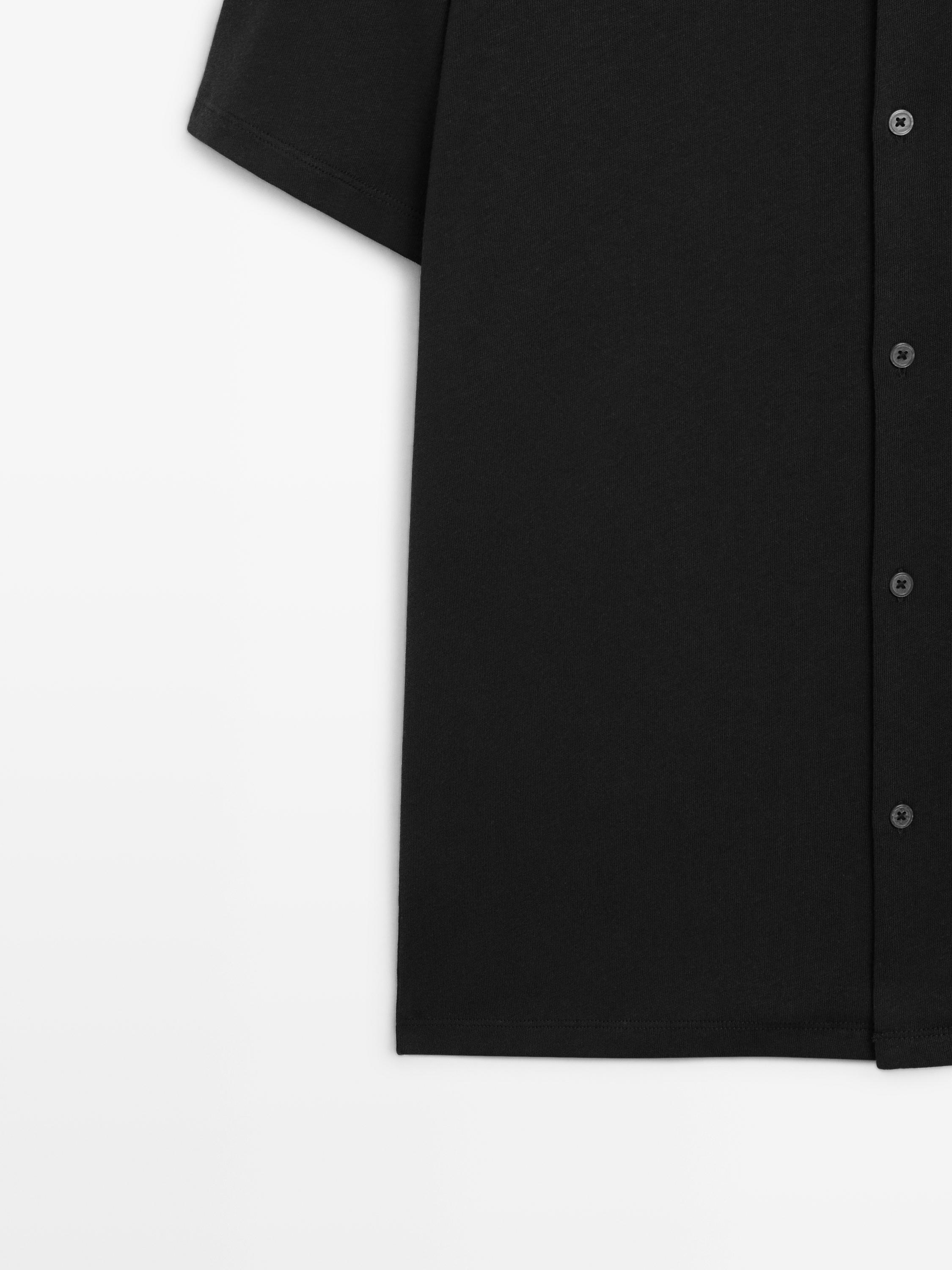 Regular fit short sleeve linen-cotton blend shirt — BLACK