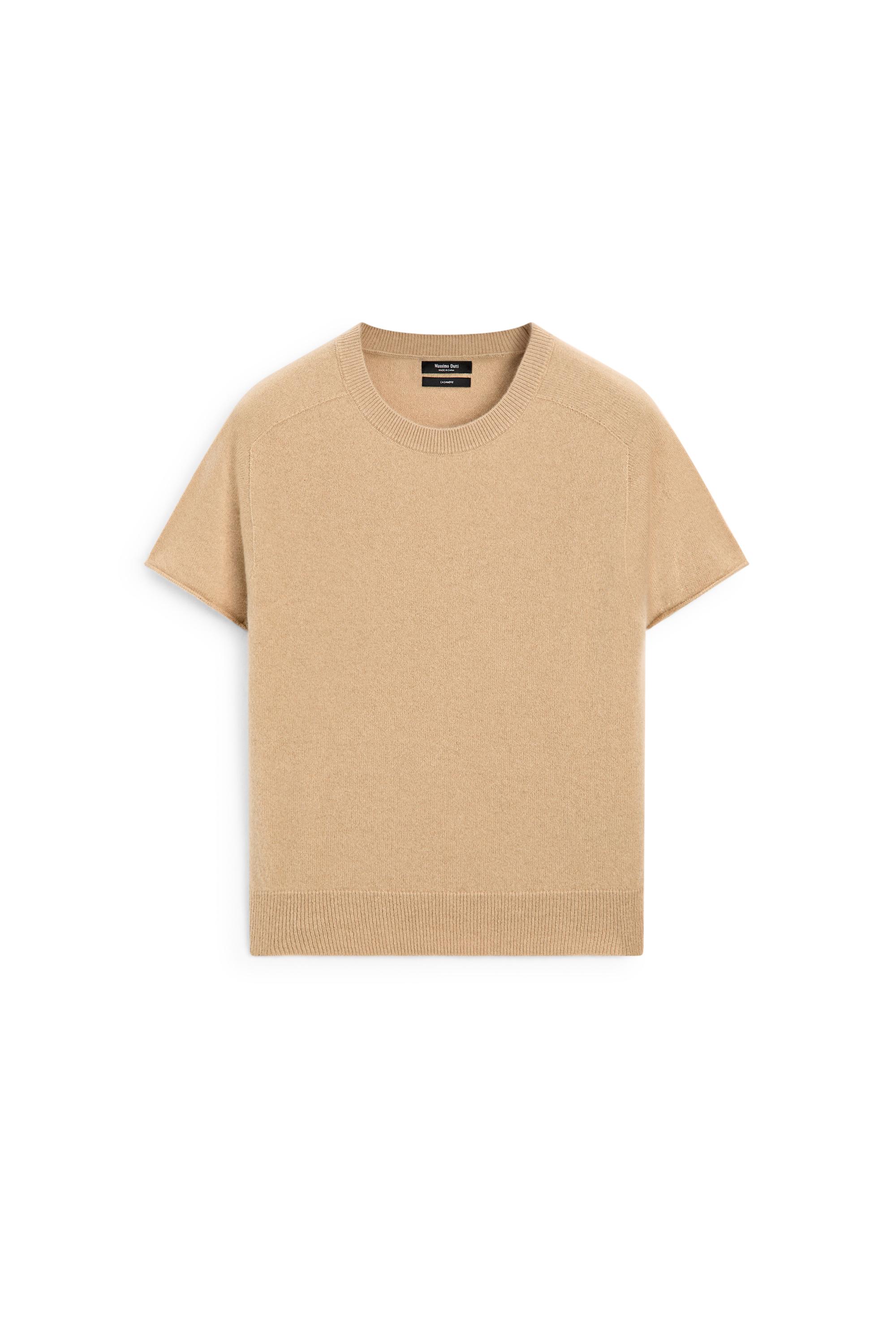 100% cashmere short sleeve knit sweater — CAMEL
